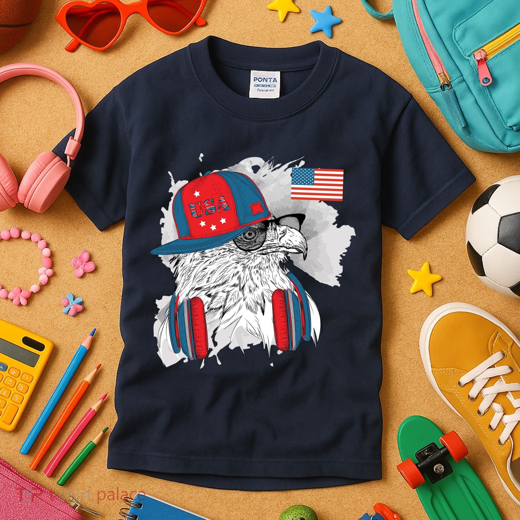 USA Hip Bald Eagle United States Flag Headphones Kids T-Shirt