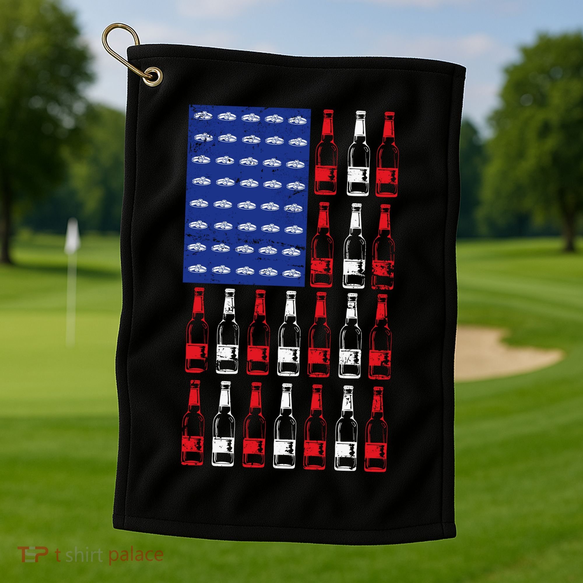 USA Patriotic Beer Bottle American Flag Golf Towel