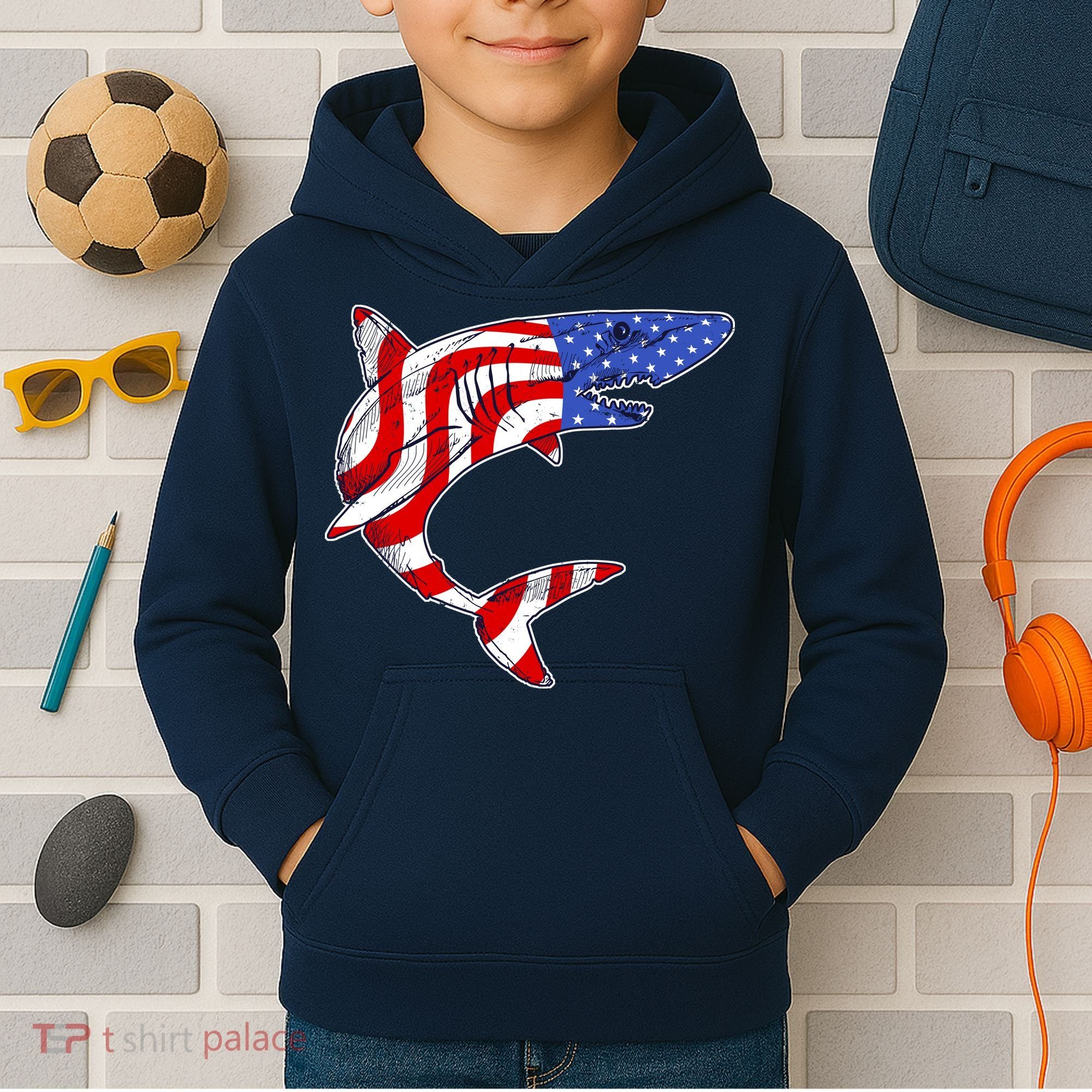 USA Patriotic Shark Kids Hoodie