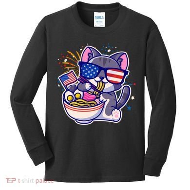 USA Ramen Bowl Kitty America Kids Long Sleeve Shirt