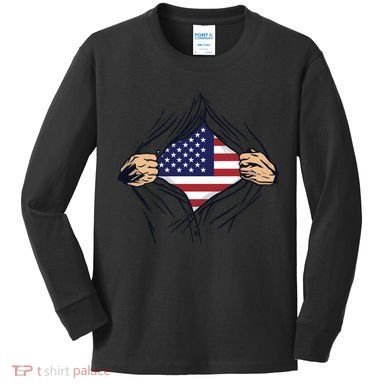 USA Superhero Ripped American Flag Kids Long Sleeve Shirt