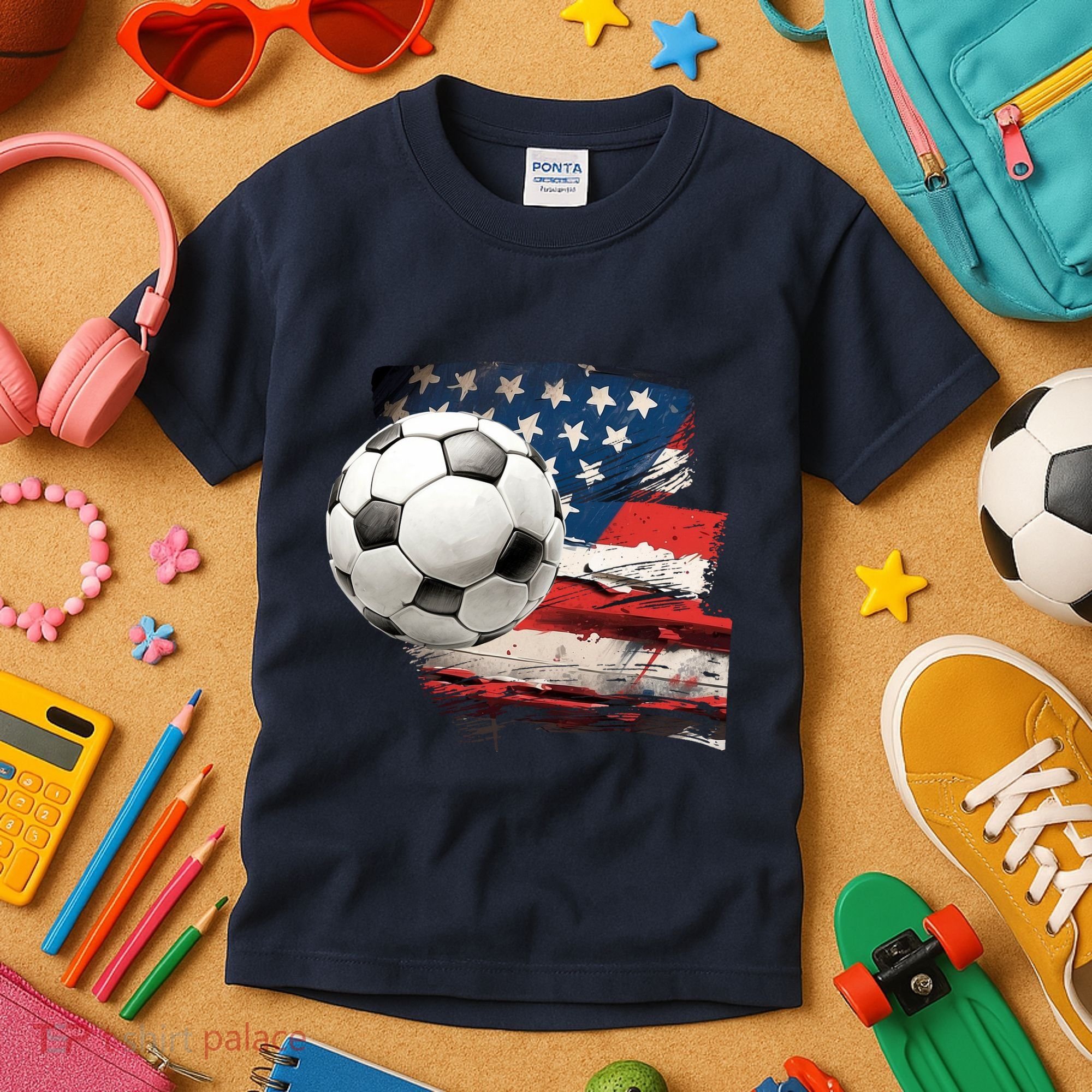 Usa Soccer Ball And Flag Kids T-Shirt