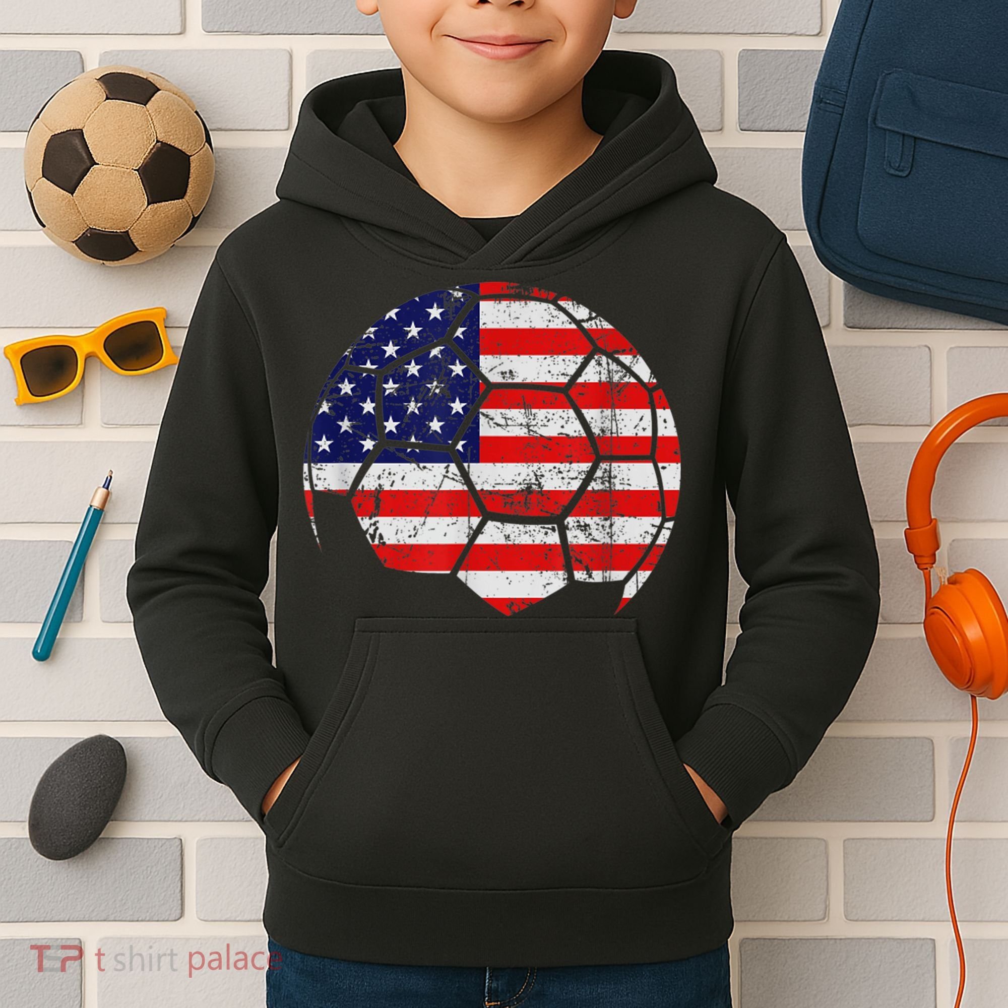 USA Soccer Ball Flag Jersey Kids Hoodie