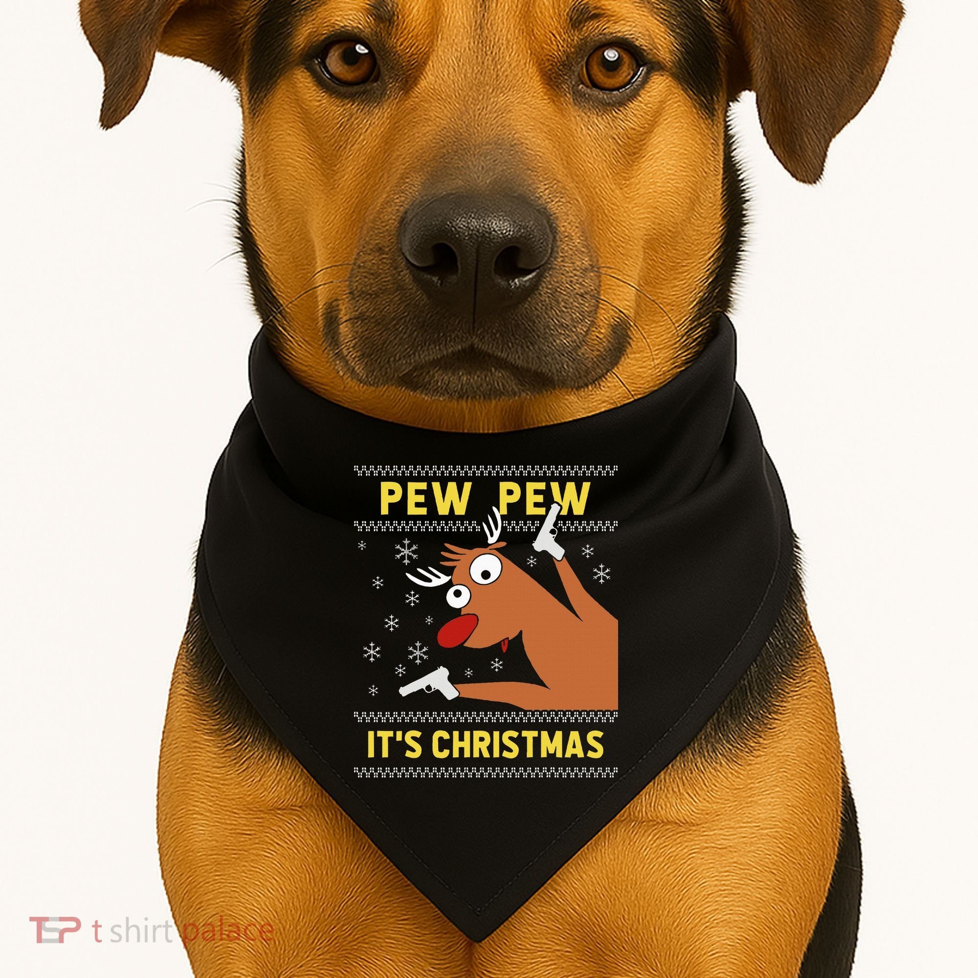 Ugly Sweater Crazy Reindeer Funny Pew Pew Its Christmas USA-Made Doggie Bandana