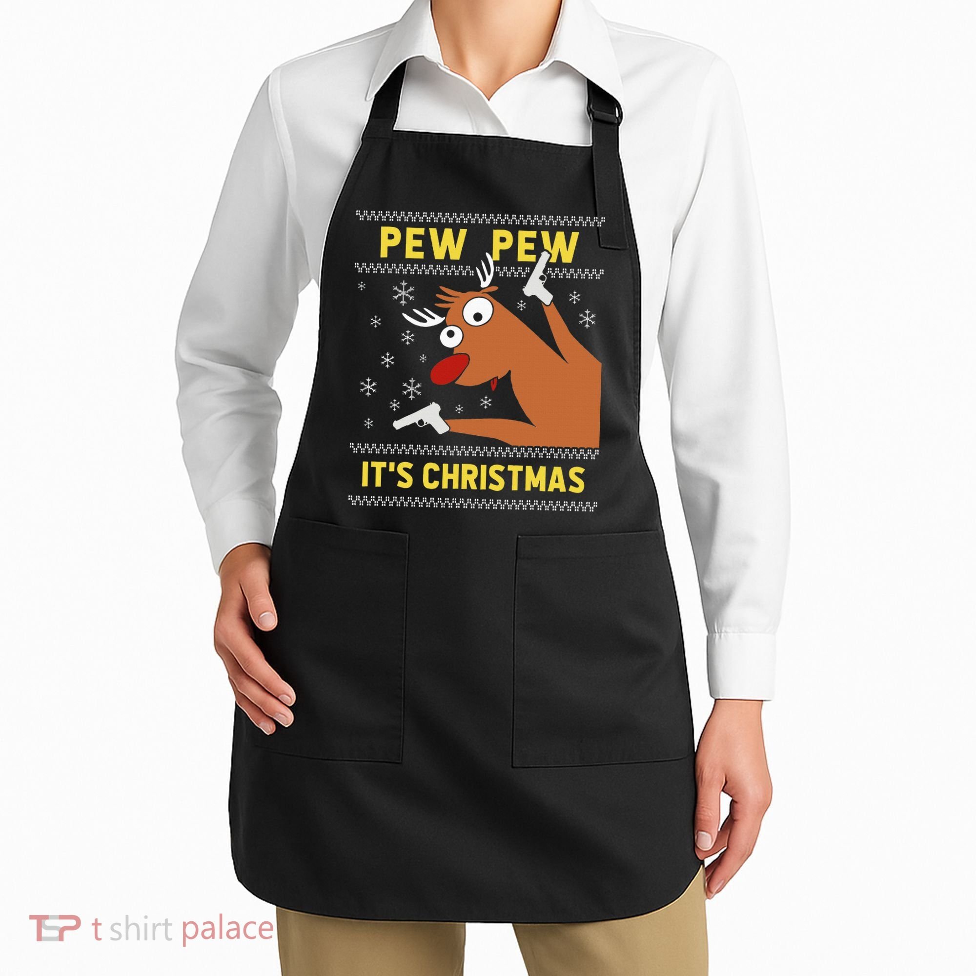 Ugly Sweater Crazy Reindeer Funny Pew Pew Its Christmas Apron