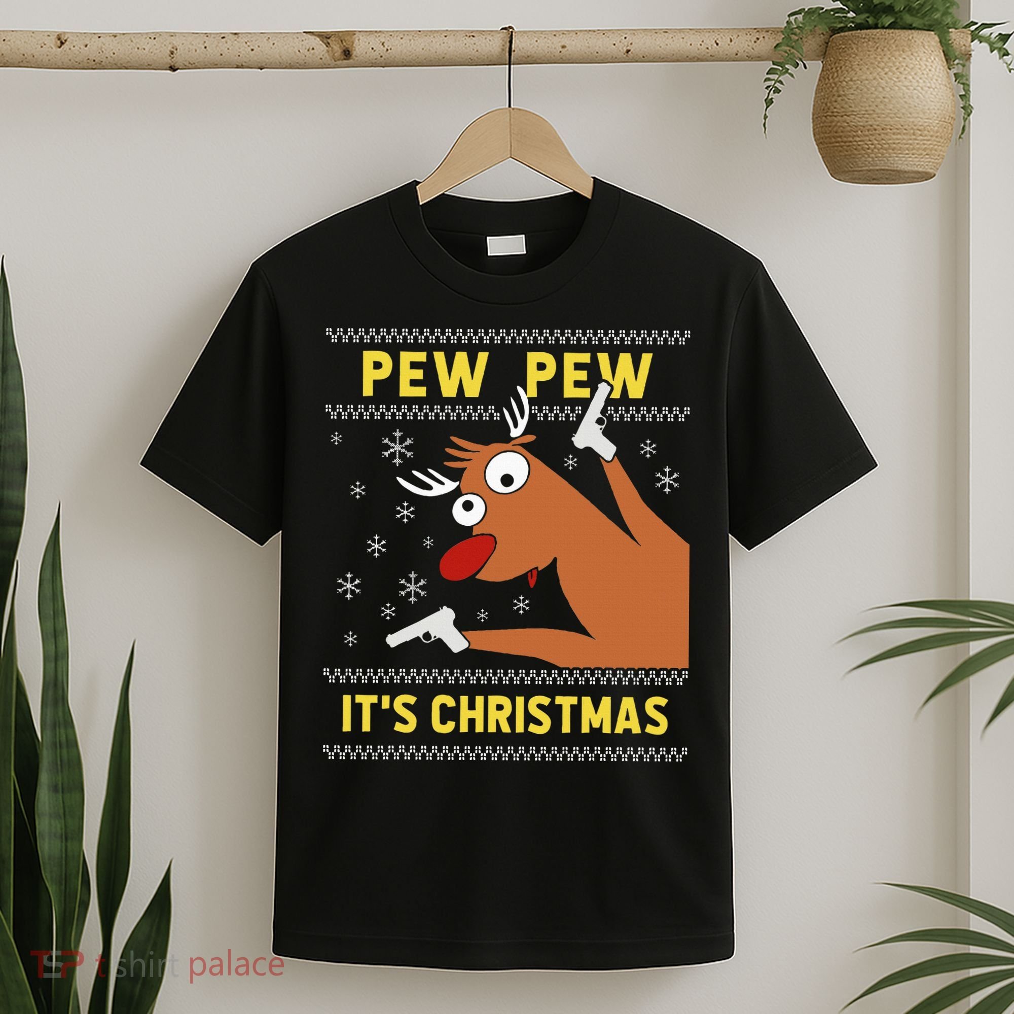 Ugly Sweater Crazy Reindeer Funny Pew Pew Its Christmas T-Shirt