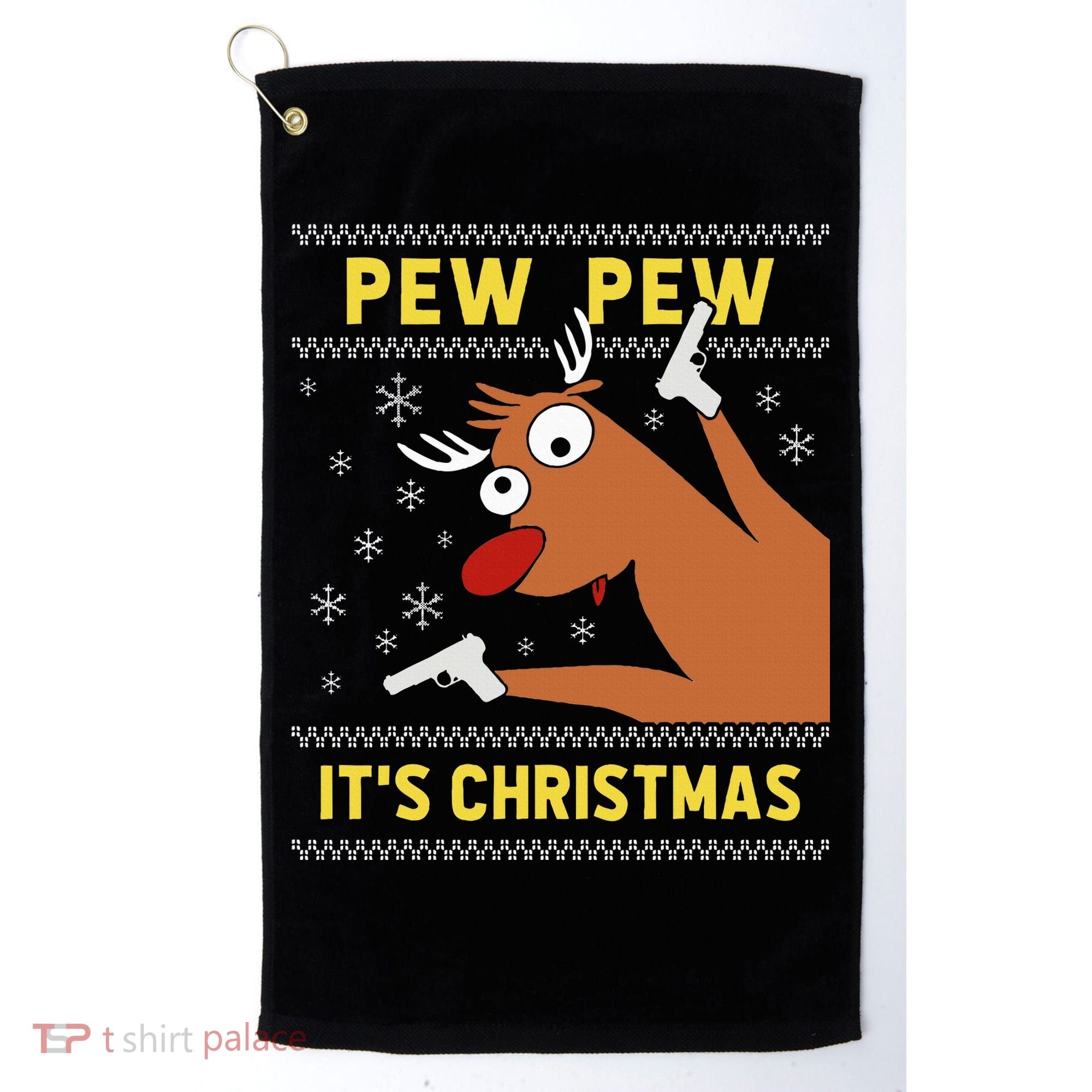 Ugly Sweater Crazy Reindeer Funny Pew Pew Its Christmas Golf Towel