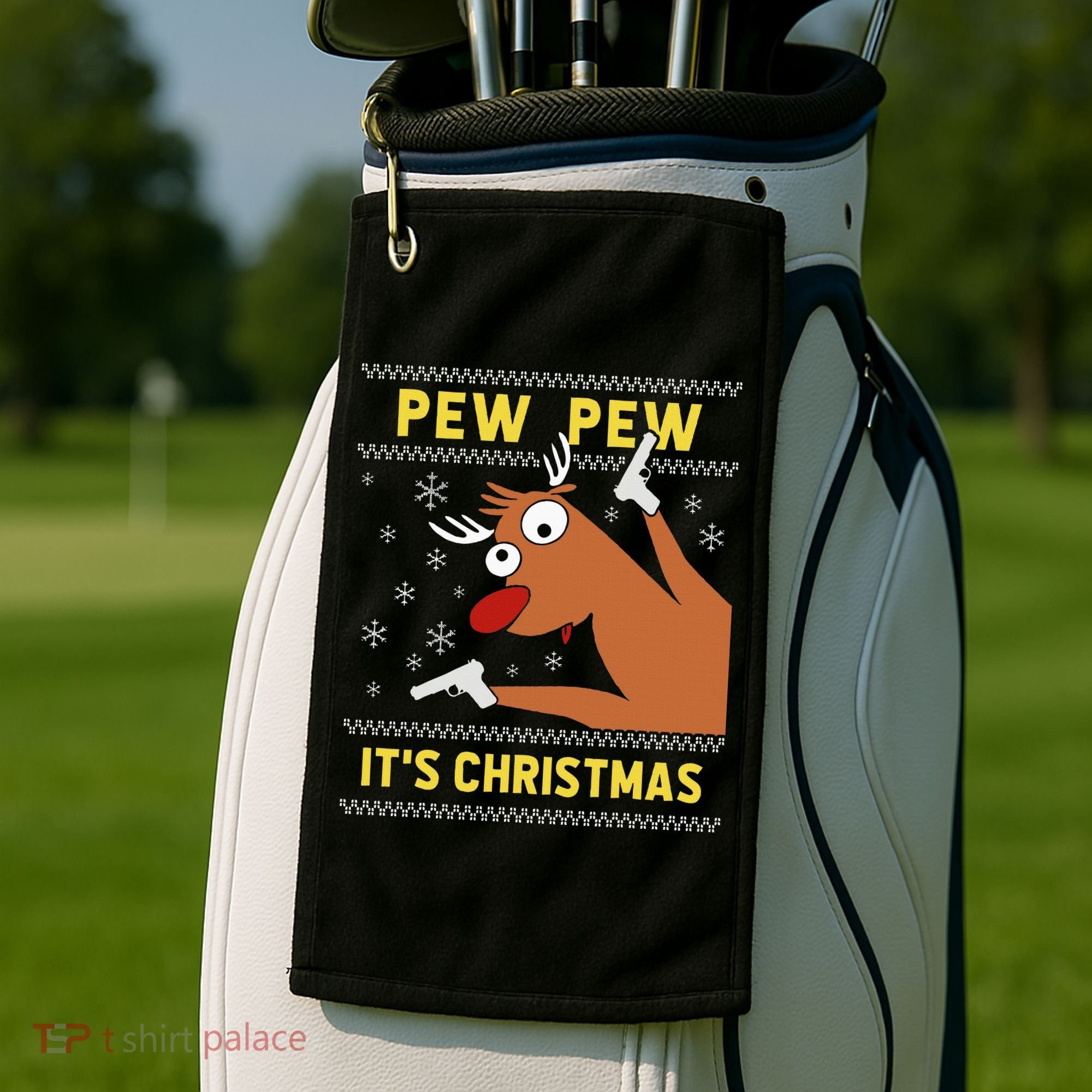Ugly Sweater Crazy Reindeer Funny Pew Pew Its Christmas Golf Towel