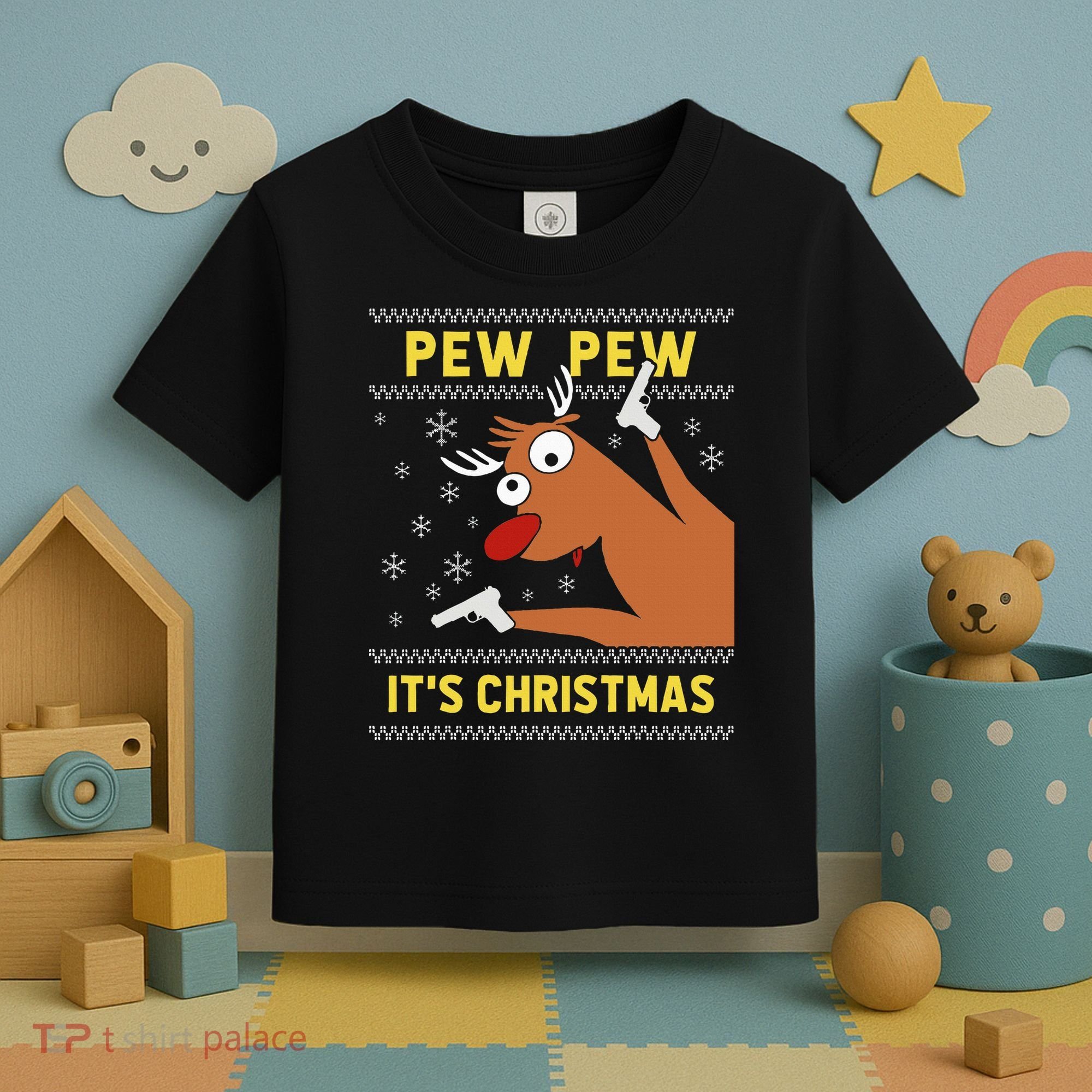 Ugly Sweater Crazy Reindeer Funny Pew Pew Its Christmas Toddler T-Shirt