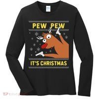 Ugly Sweater Crazy Reindeer Funny Pew Pew Its Christmas Women's Long Sleeve Shirt thumb 0