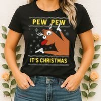 Ugly Sweater Crazy Reindeer Funny Pew Pew Its Christmas Women's T-Shirt thumb 2