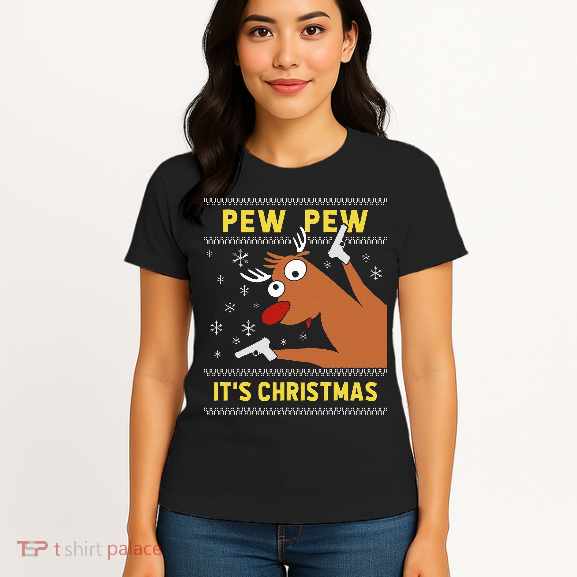 Ugly Sweater Crazy Reindeer Funny Pew Pew Its Christmas Women's T-Shirt