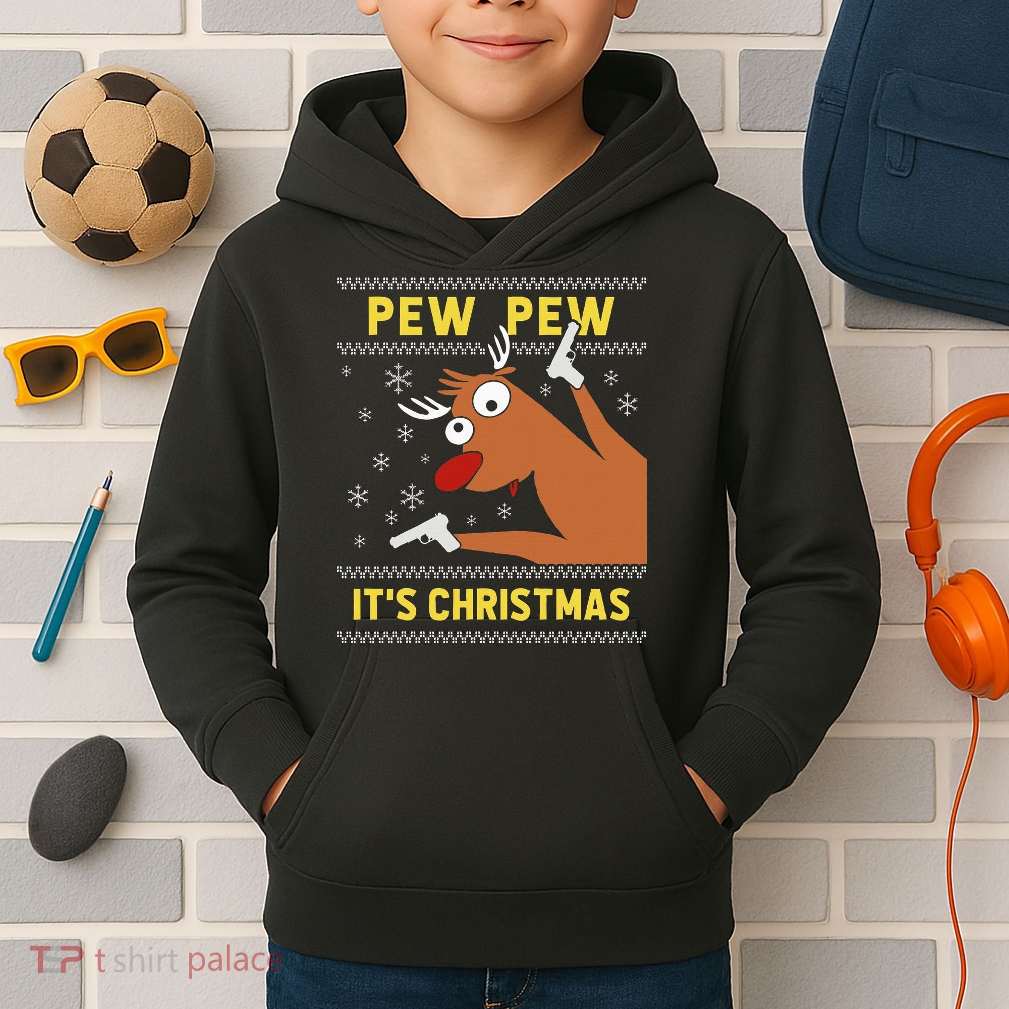 Ugly Sweater Crazy Reindeer Funny Pew Pew Its Christmas Kids Hoodie