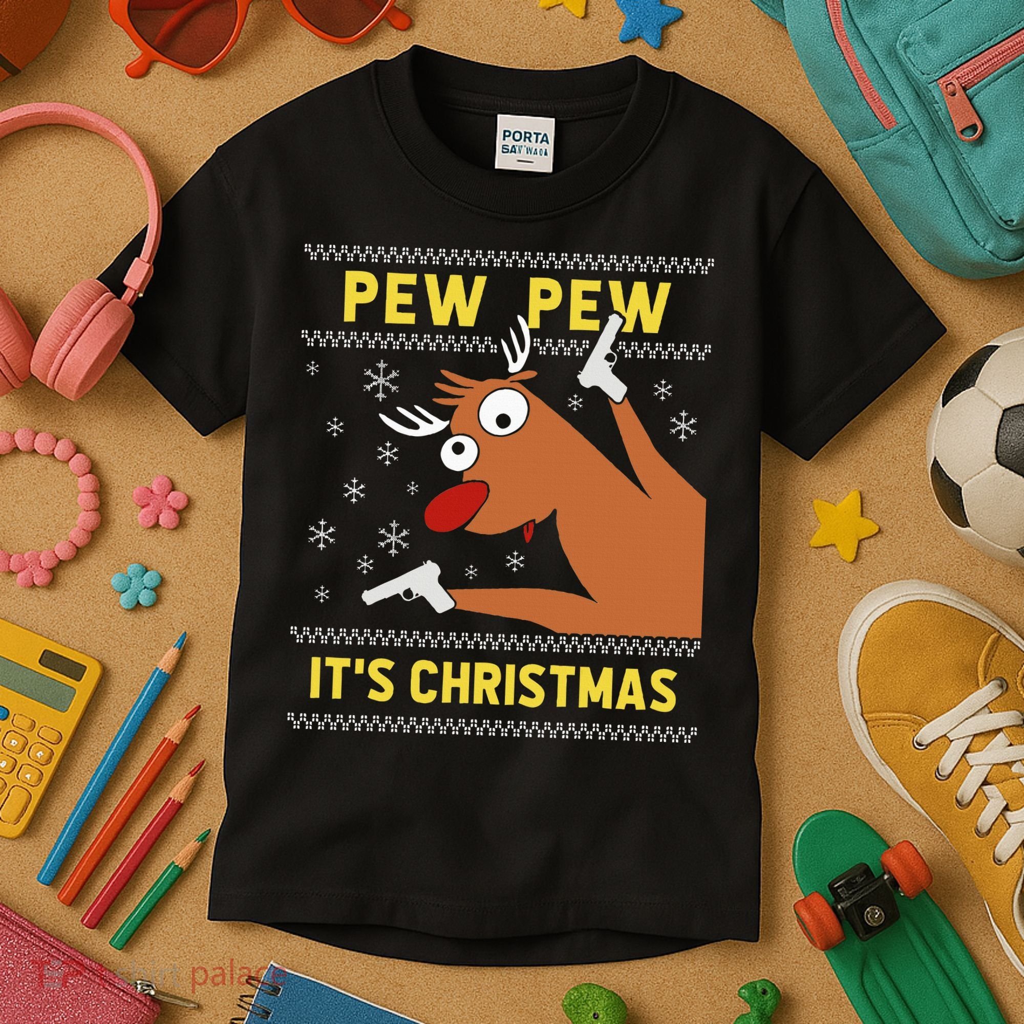 Ugly Sweater Crazy Reindeer Funny Pew Pew Its Christmas Kids T-Shirt