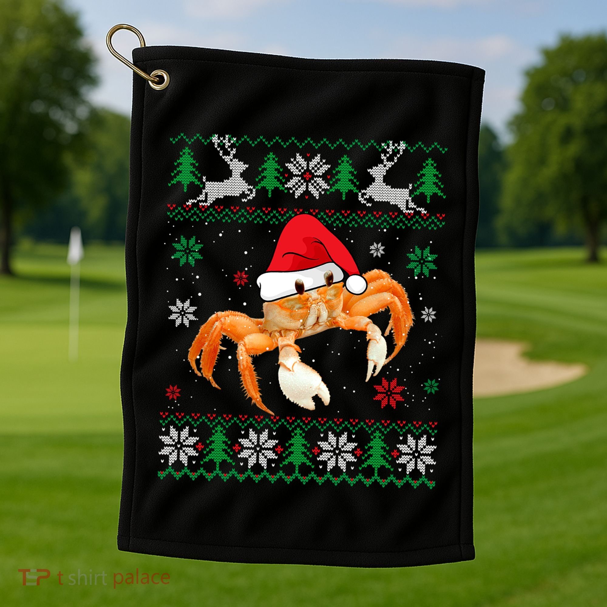 Ugly Sweater Christmas Crab Lover Santa Hat Animals Funny Gift Golf Towel