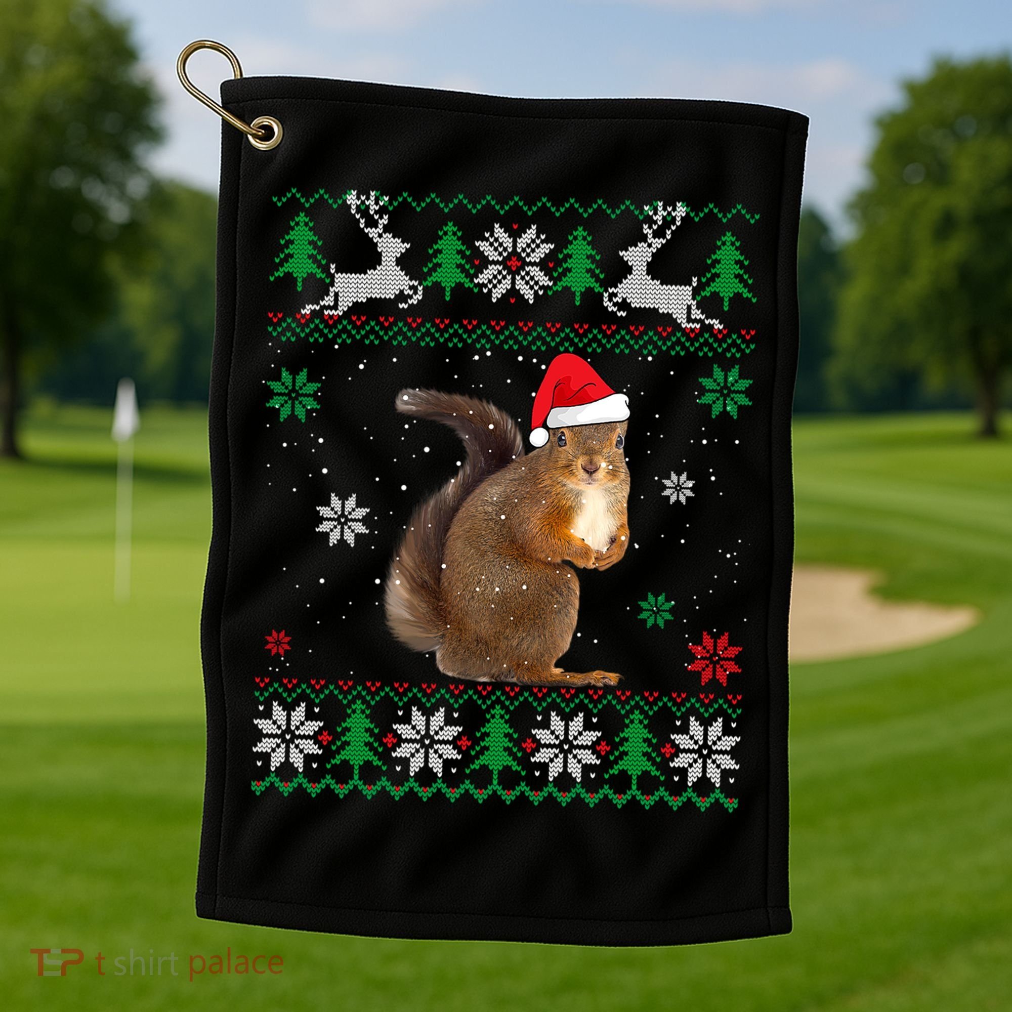 Ugly Sweater Christmas Squirrel Lover Santa Hat Animals Cute Gift Golf Towel