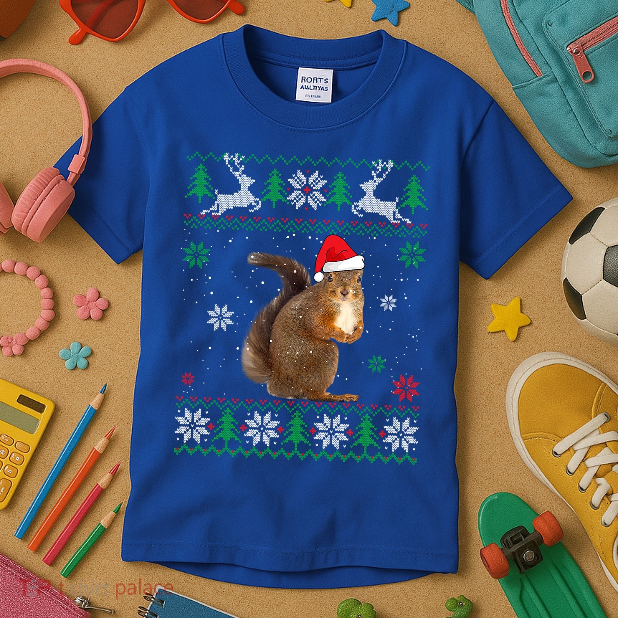 Ugly Sweater Christmas Squirrel Lover Santa Hat Animals Cute Gift Kids T-Shirt