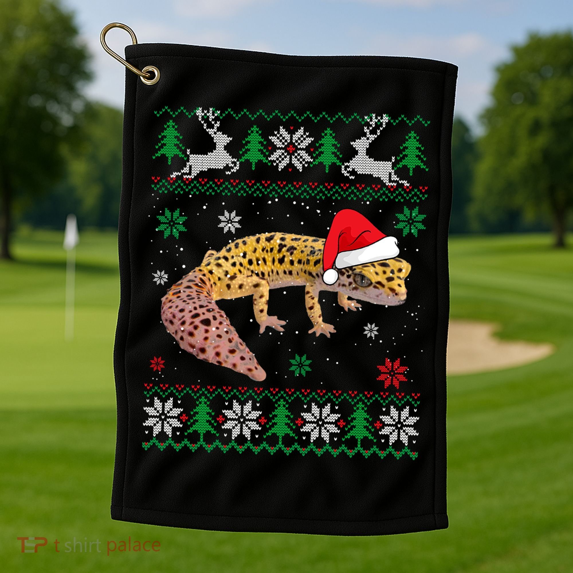 Ugly Sweater Christmas Leopard Gecko Lover Santa Hat Animals Gift Golf Towel