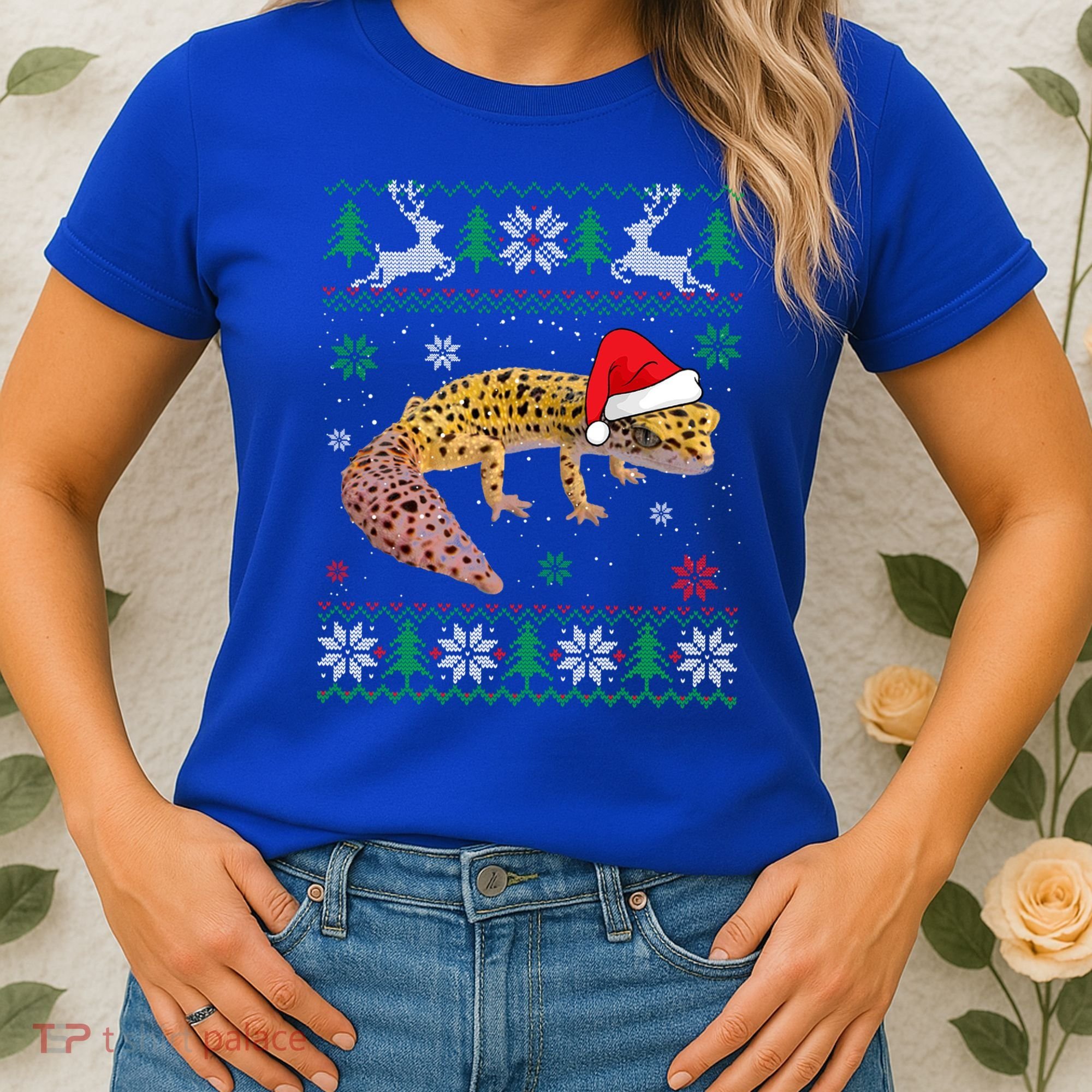 Ugly Sweater Christmas Leopard Gecko Lover Santa Hat Animals Gift Women's T-Shirt