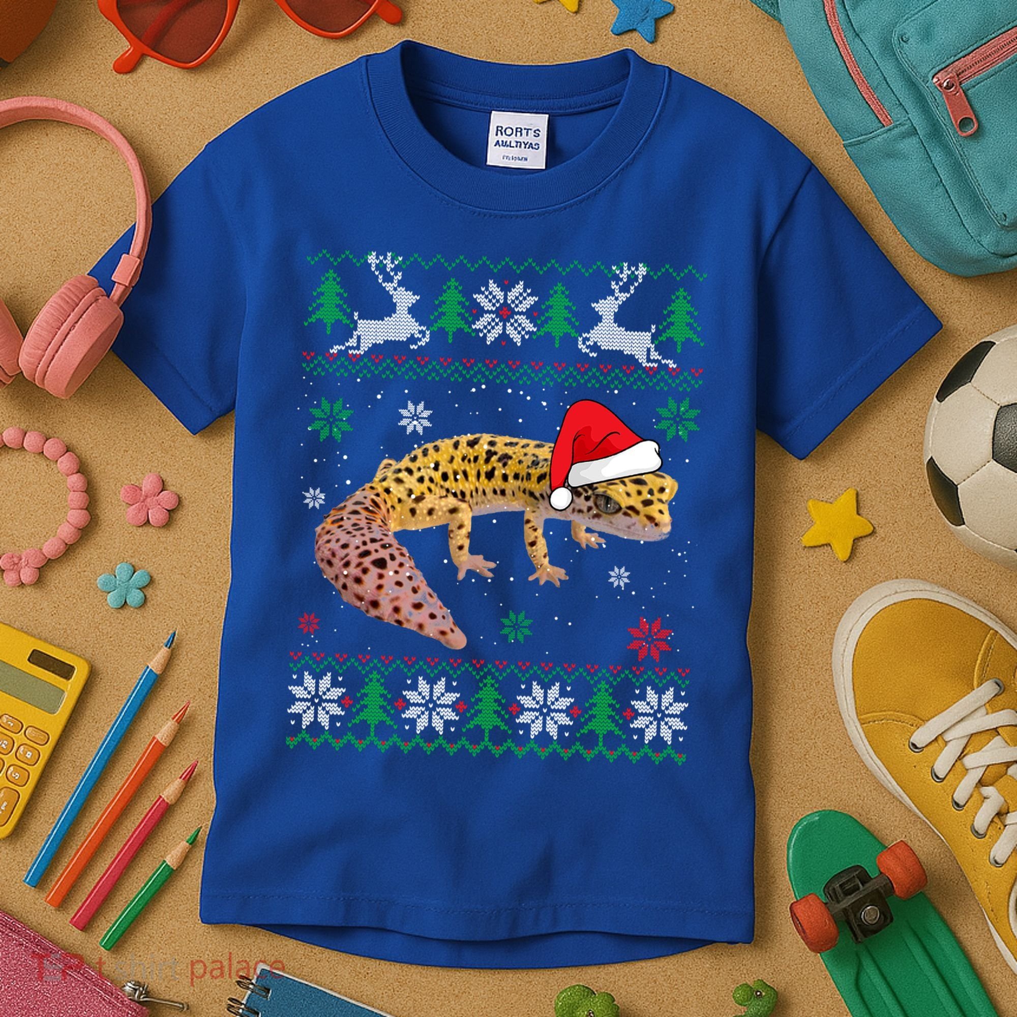 Ugly Sweater Christmas Leopard Gecko Lover Santa Hat Animals Gift Kids T-Shirt