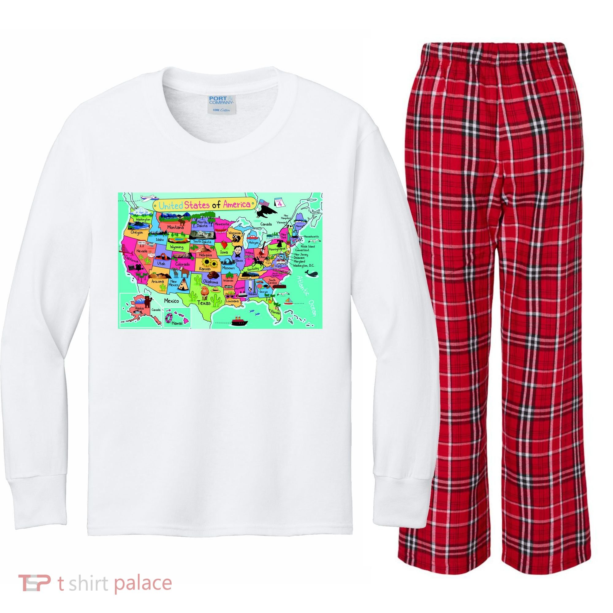 United States Cartoon Drawing Kids Long Sleeve Plaid Pajama Set