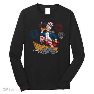 Uncle Sam Enjoying A Hot Dog Fireworks USA Long Sleeve Shirt