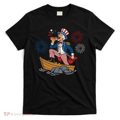 Uncle Sam Enjoying A Hot Dog Fireworks USA T-Shirt