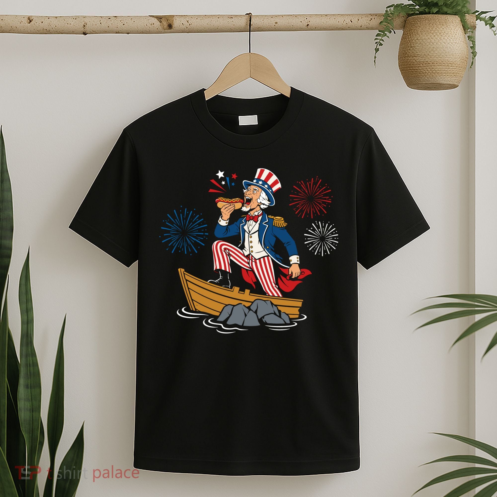Uncle Sam Enjoying A Hot Dog Fireworks USA T-Shirt
