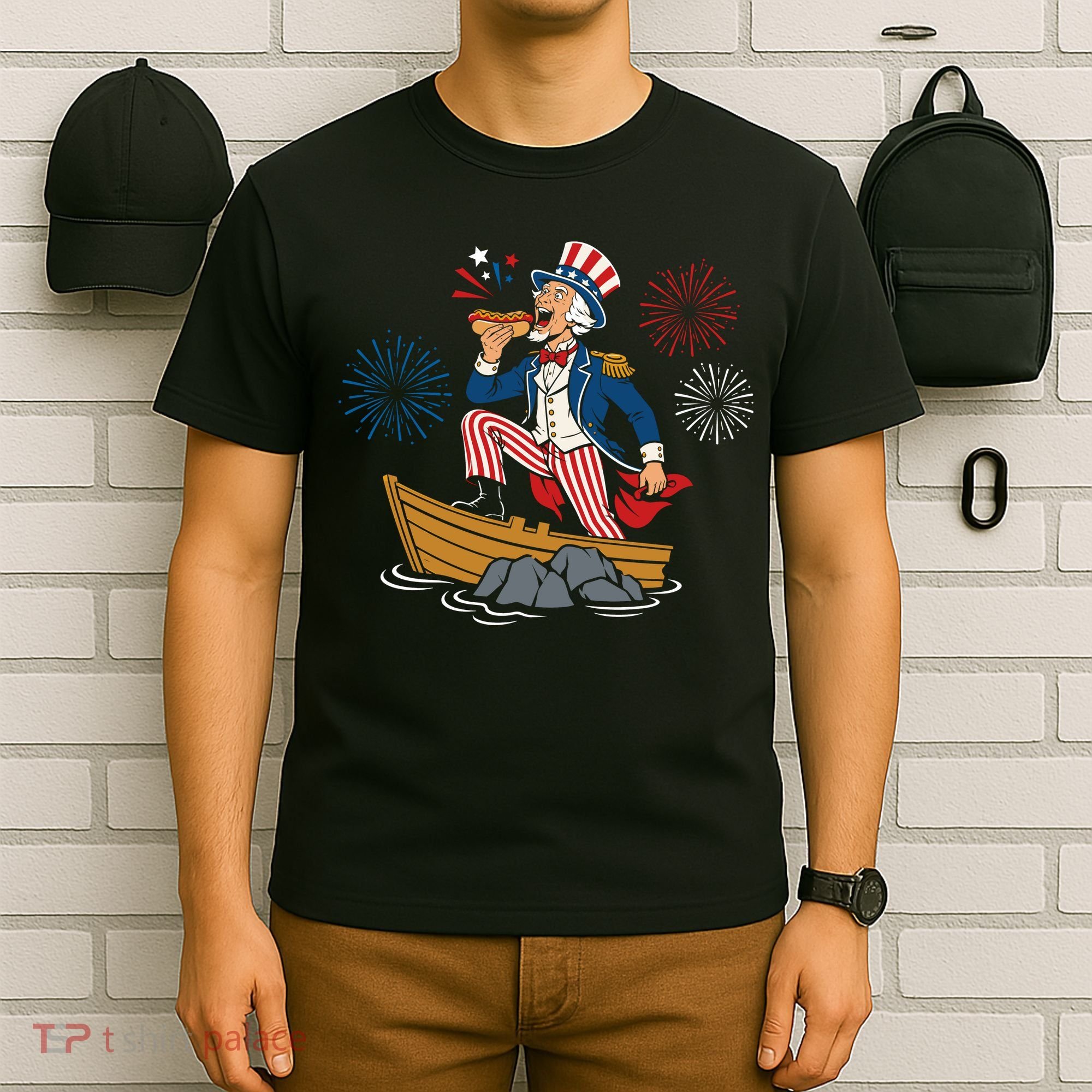 Uncle Sam Enjoying A Hot Dog Fireworks USA T-Shirt