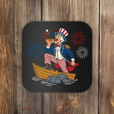 Uncle Sam Enjoying A Hot Dog Fireworks USA Coaster
