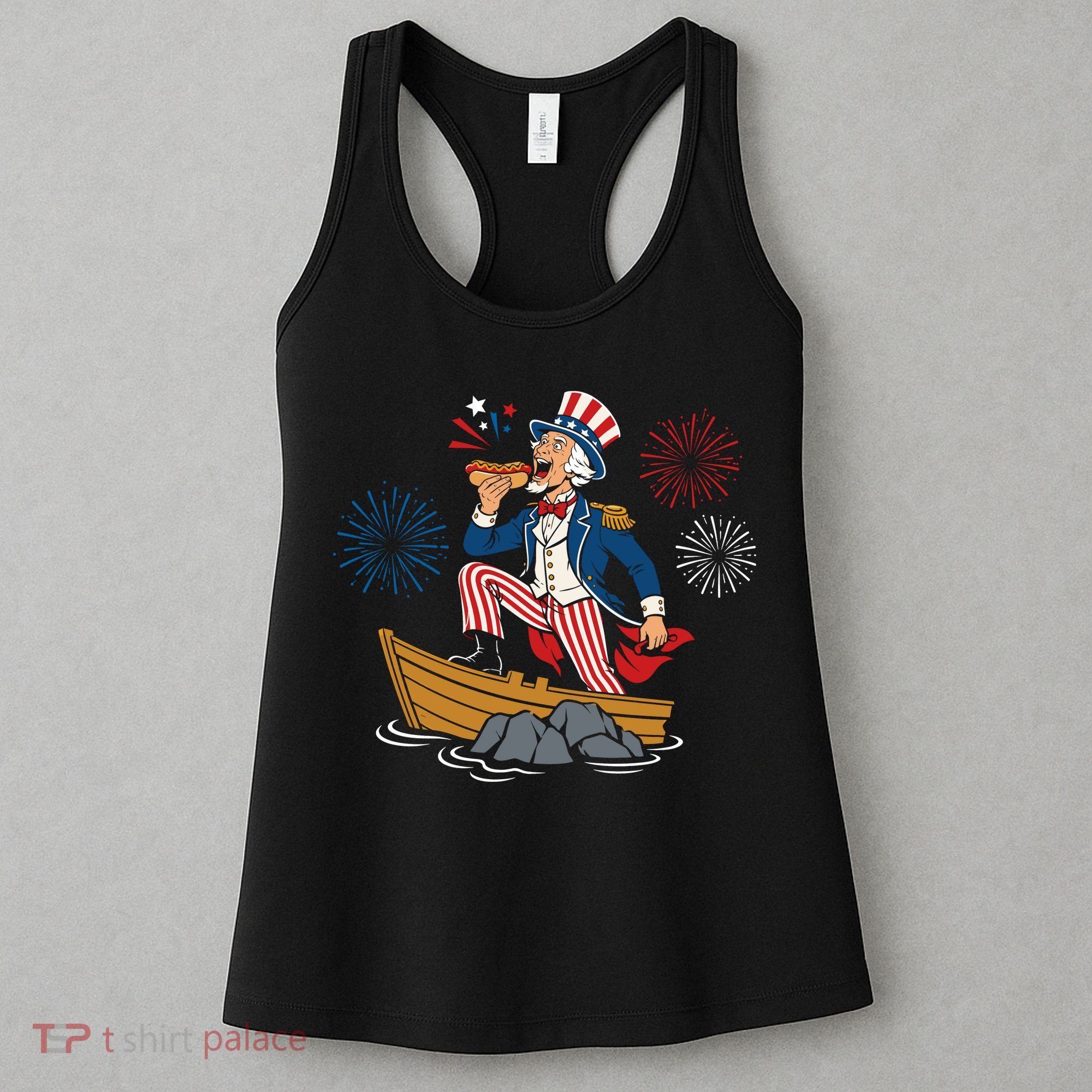 Uncle Sam Enjoying A Hot Dog Fireworks USA Women's Tank Top