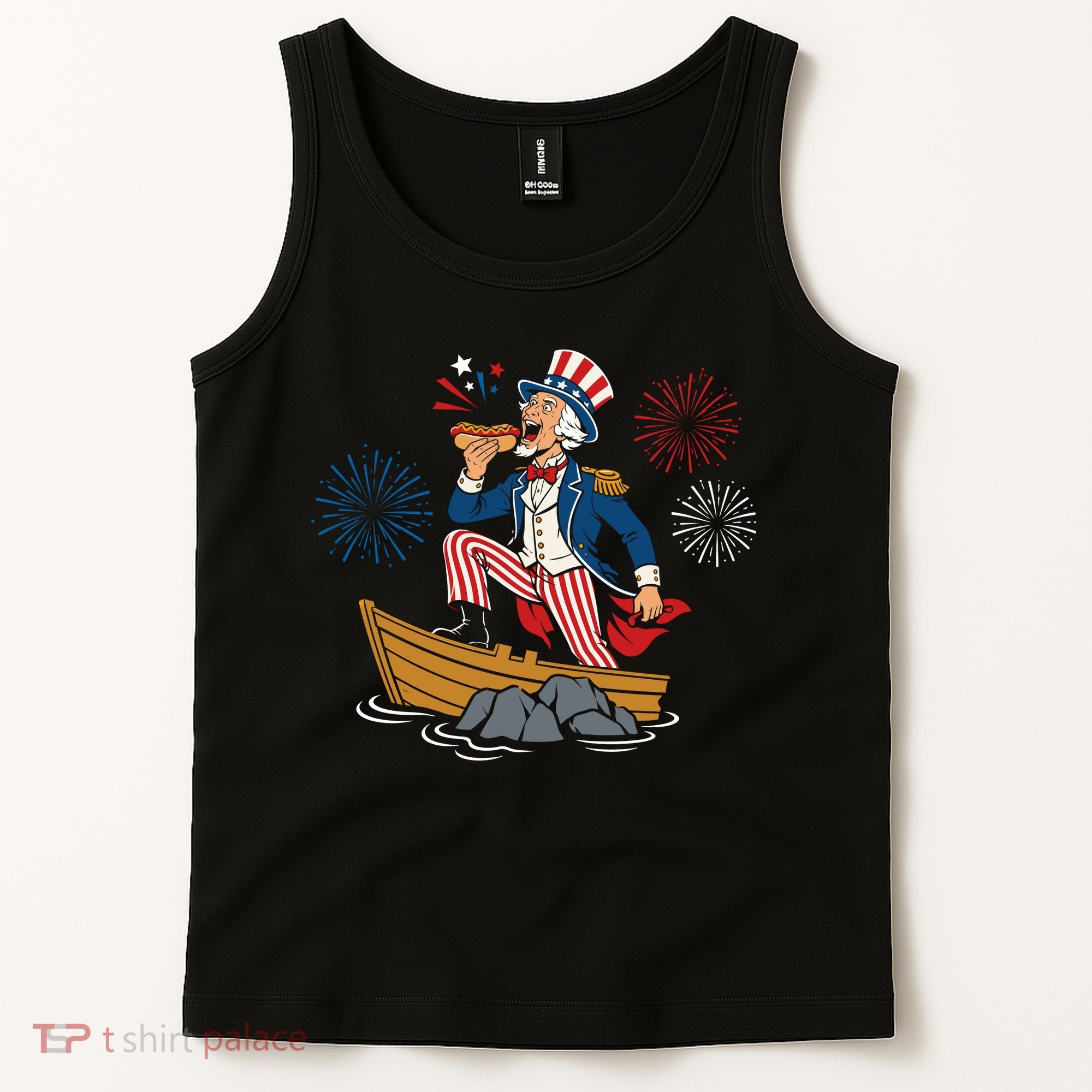 Uncle Sam Enjoying A Hot Dog Fireworks USA Tank Top