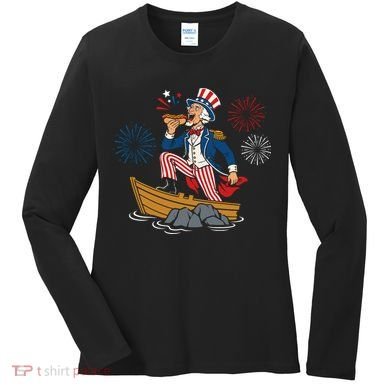 Uncle Sam Enjoying A Hot Dog Fireworks USA Women's Long Sleeve Shirt