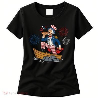 Uncle Sam Enjoying A Hot Dog Fireworks USA Women's T-Shirt