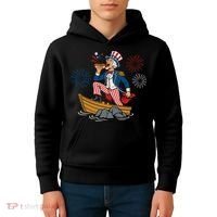 Uncle Sam Enjoying A Hot Dog Fireworks USA Kids Hoodie thumb 4