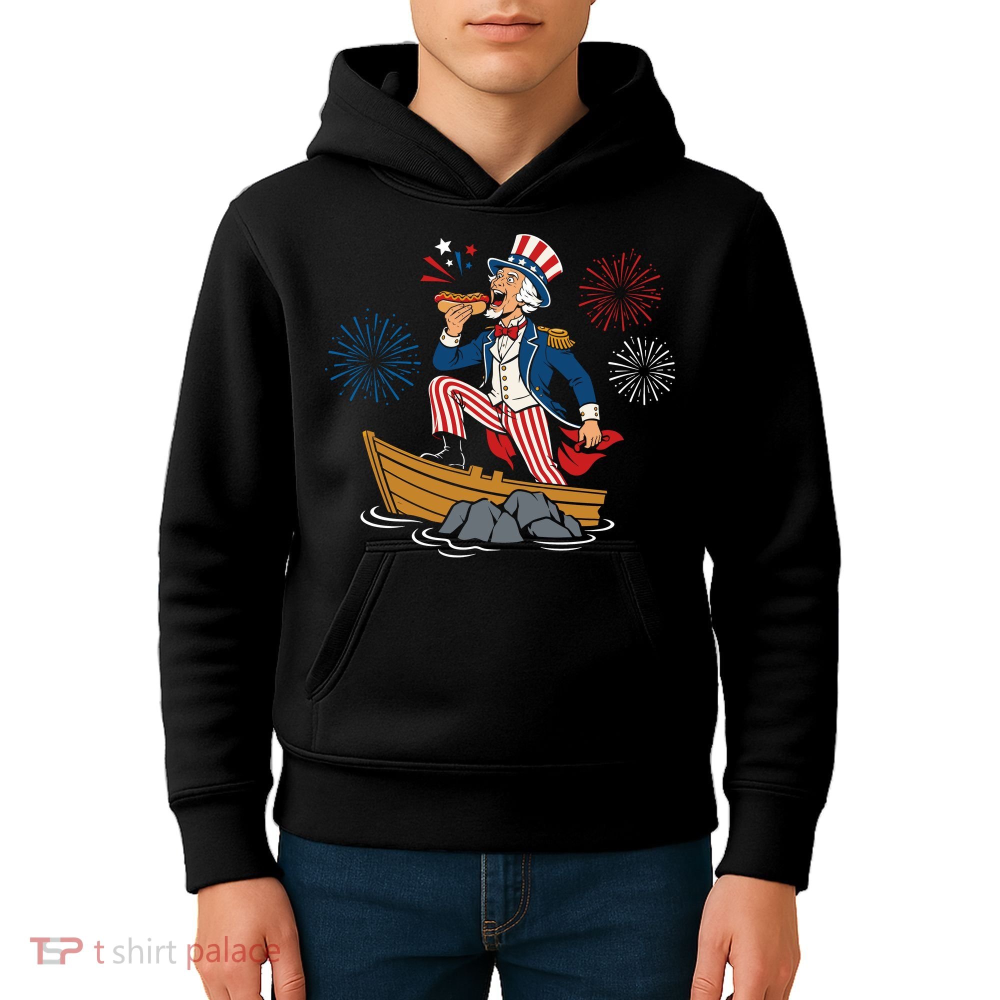 Uncle Sam Enjoying A Hot Dog Fireworks USA Kids Hoodie