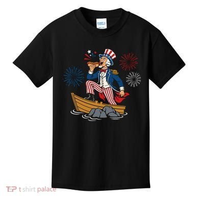 Uncle Sam Enjoying A Hot Dog Fireworks USA Kids T-Shirt