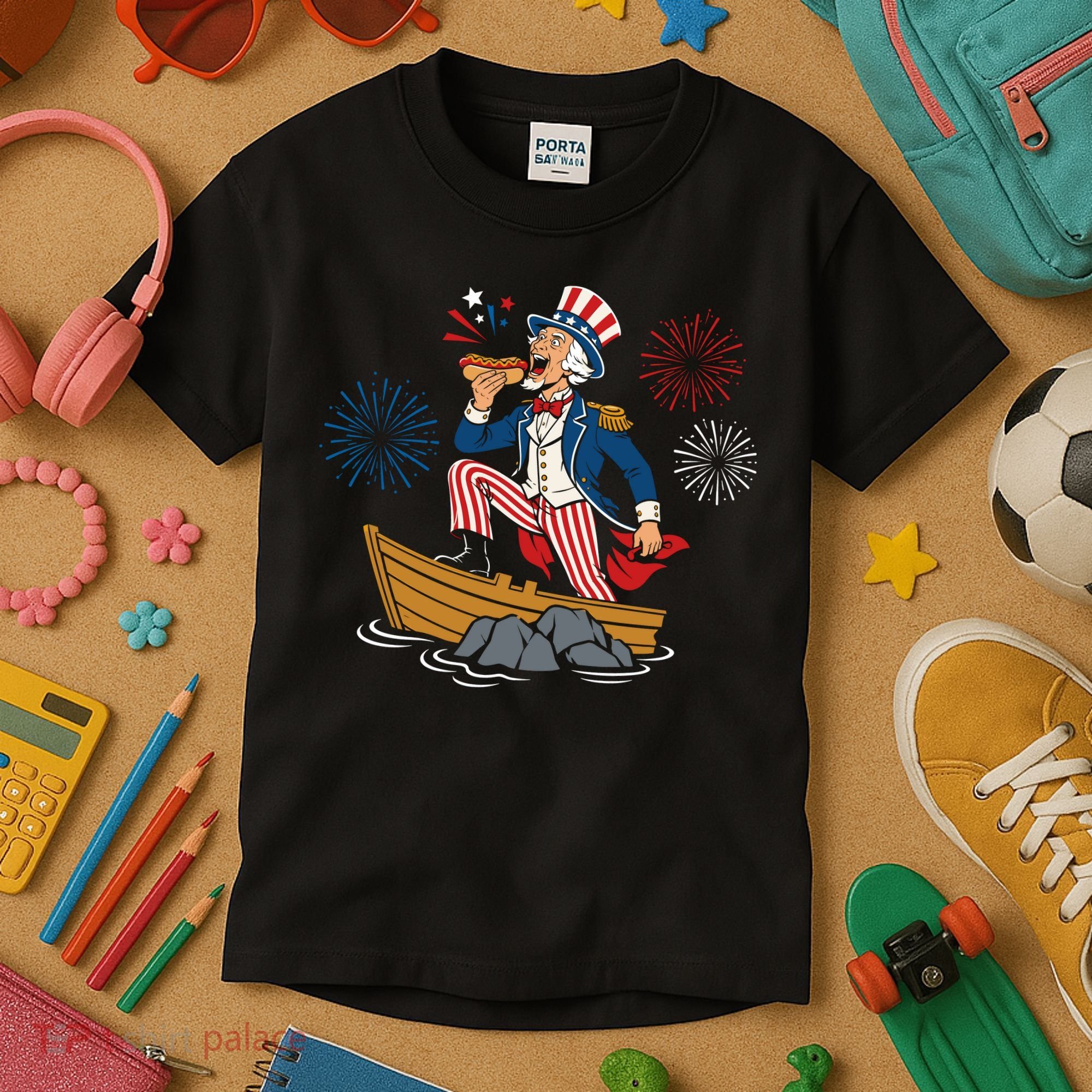 Uncle Sam Enjoying A Hot Dog Fireworks USA Kids T-Shirt