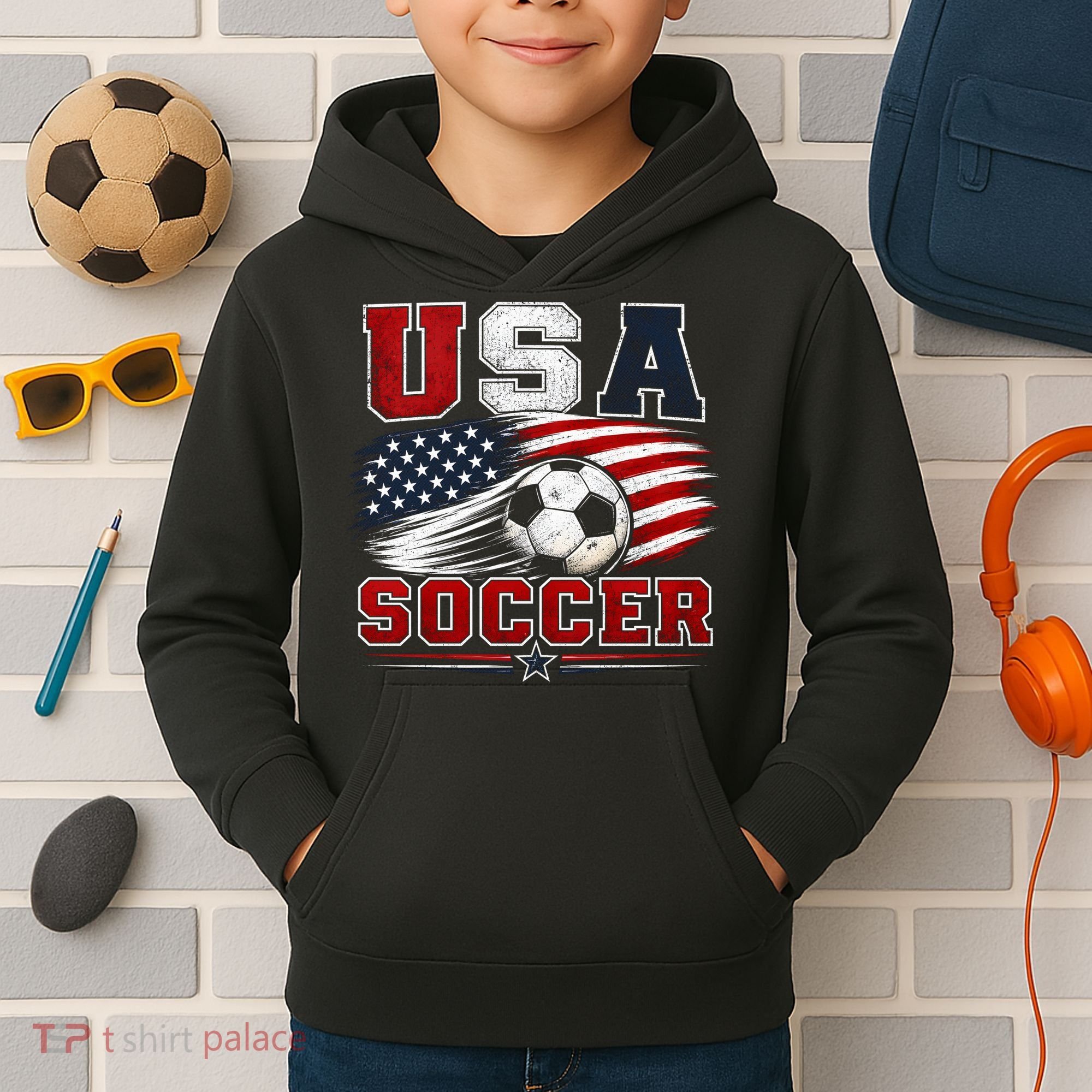 USA Soccer Fan Gear American Flag Kids Hoodie