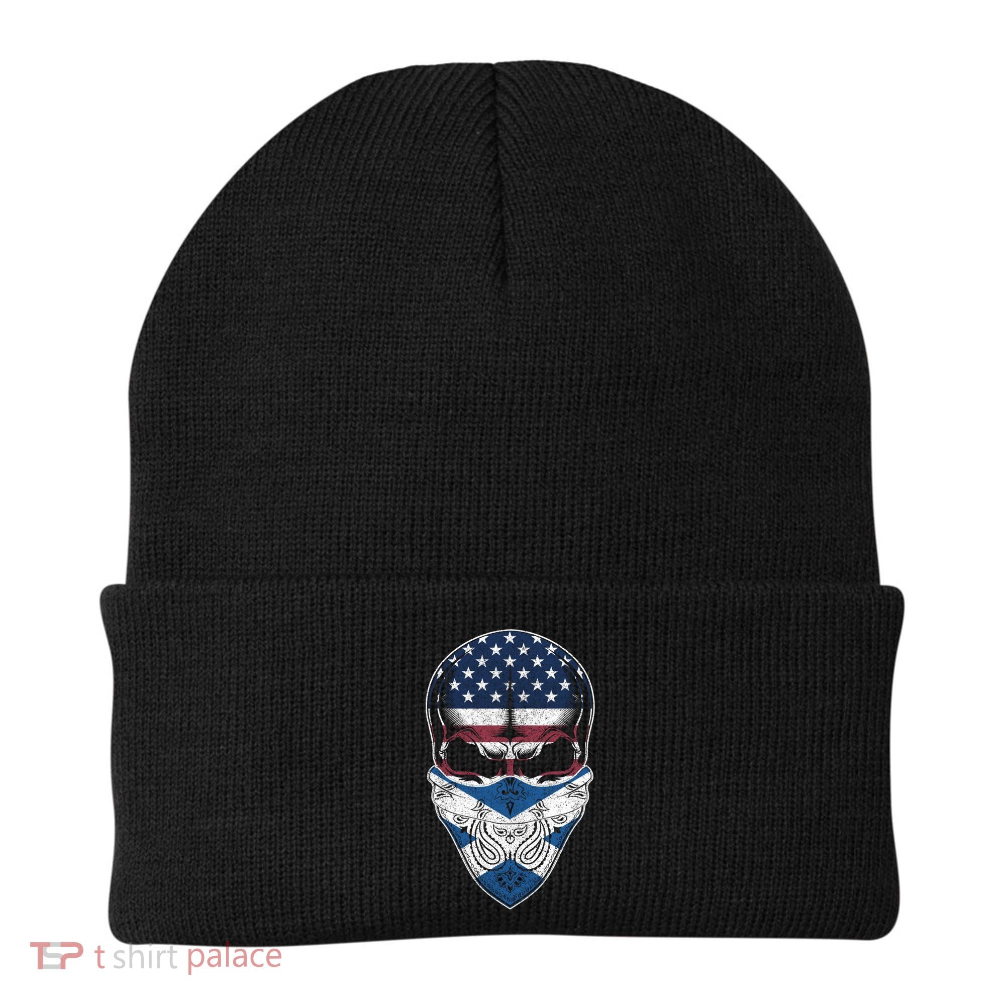 Usa Scotland Roots Gift Scottish American Flag Skull Cool Gift Beanie