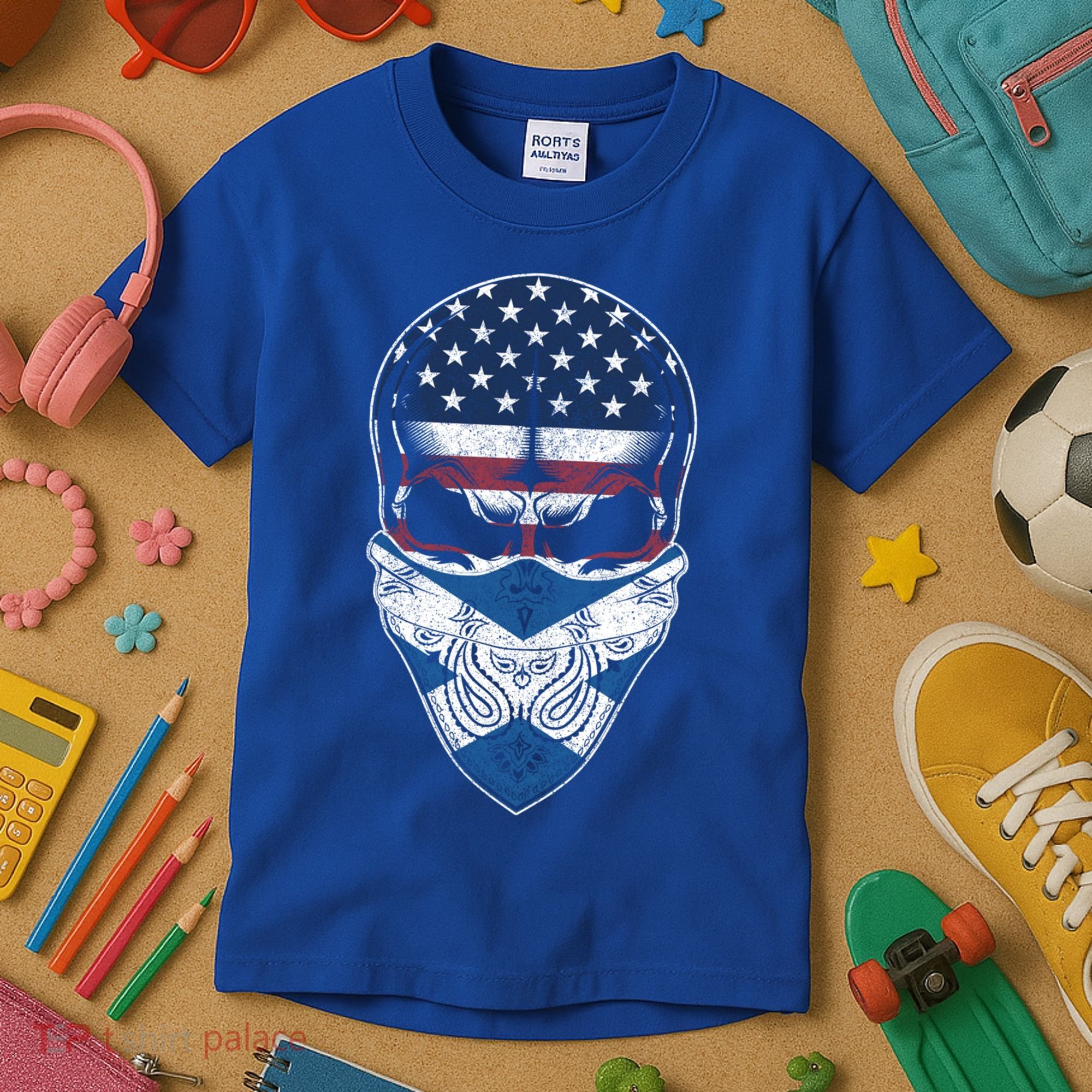 Usa Scotland Roots Gift Scottish American Flag Skull Cool Gift Kids T-Shirt