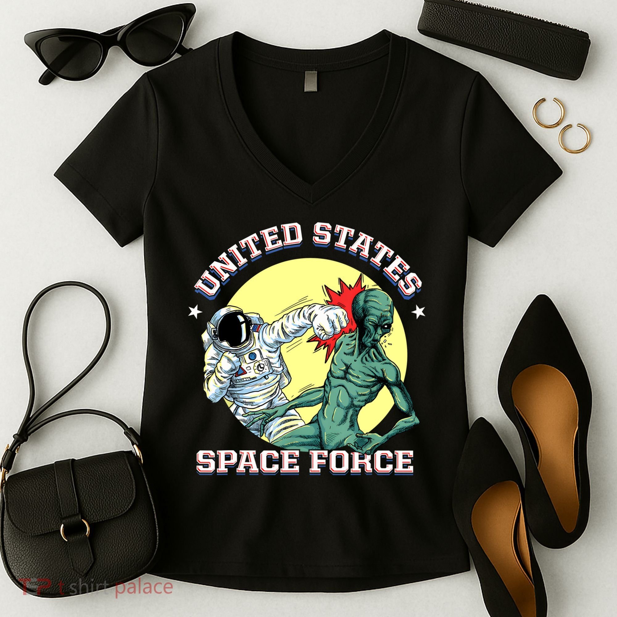 United States Space Force Funny Space Lover & UFO Alien Women's V-Neck T-Shirt