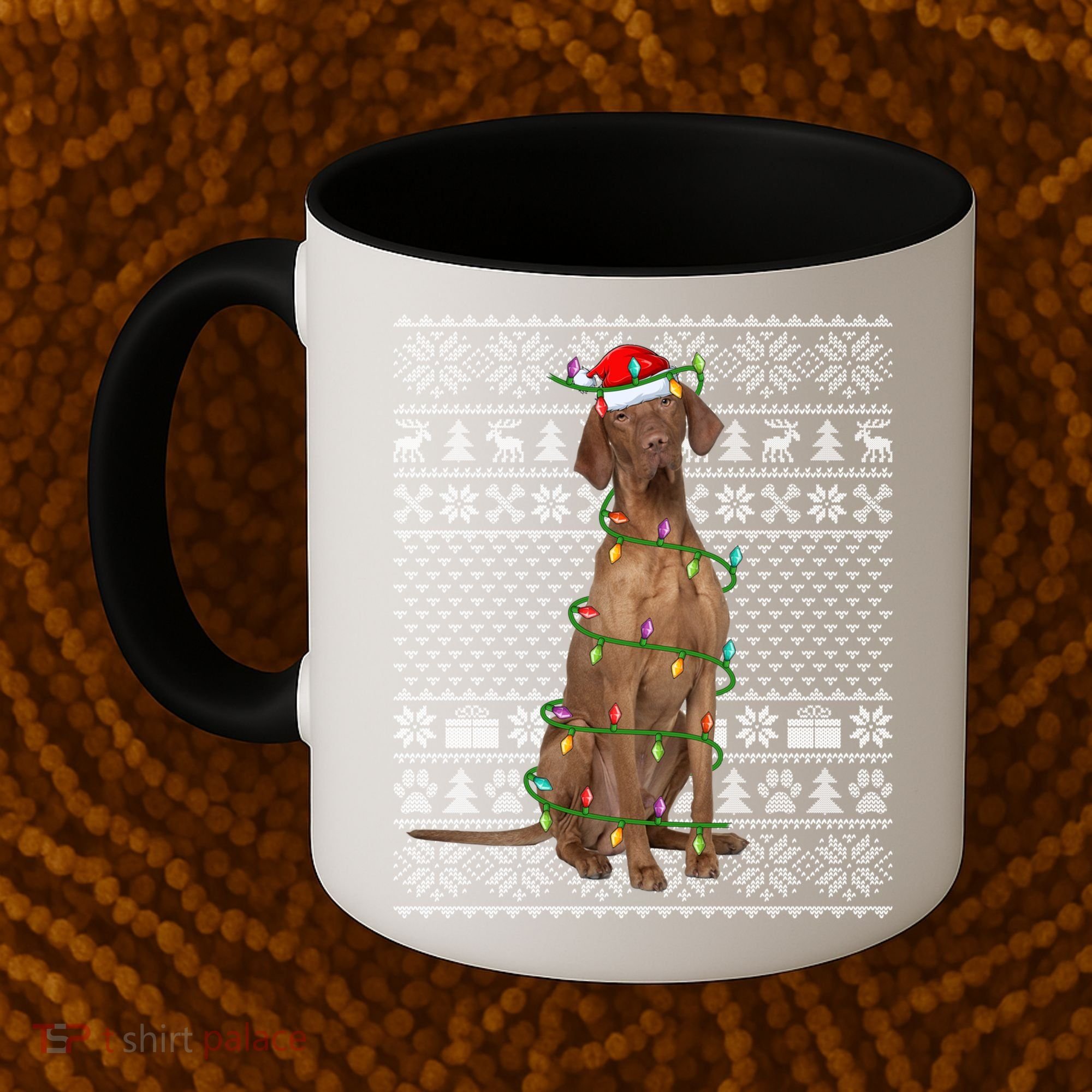 Ugly Sweater Style Xmas Lights Santa Vizsla Dog Christmas Gift Coffee Mug