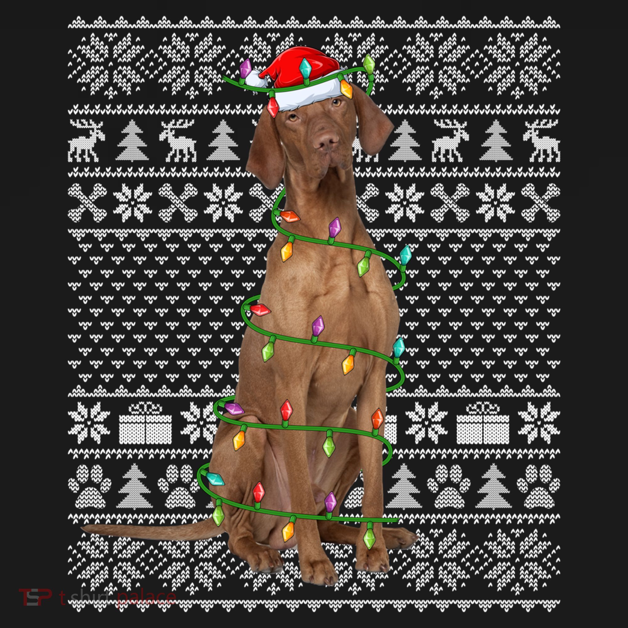 Ugly Sweater Style Xmas Lights Santa Vizsla Dog Christmas Gift Women's Hoodie