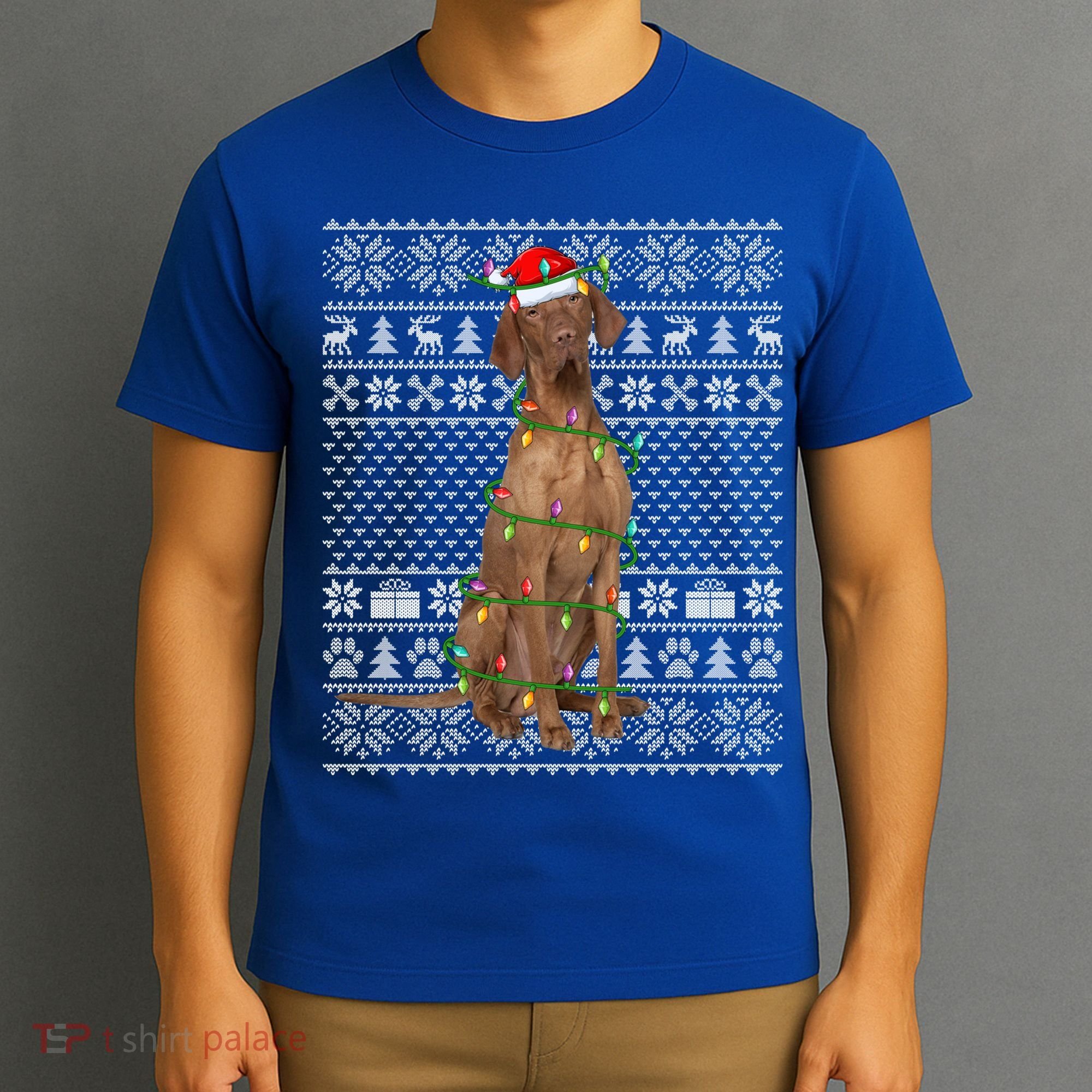 Ugly Sweater Style Xmas Lights Santa Vizsla Dog Christmas Gift T-Shirt