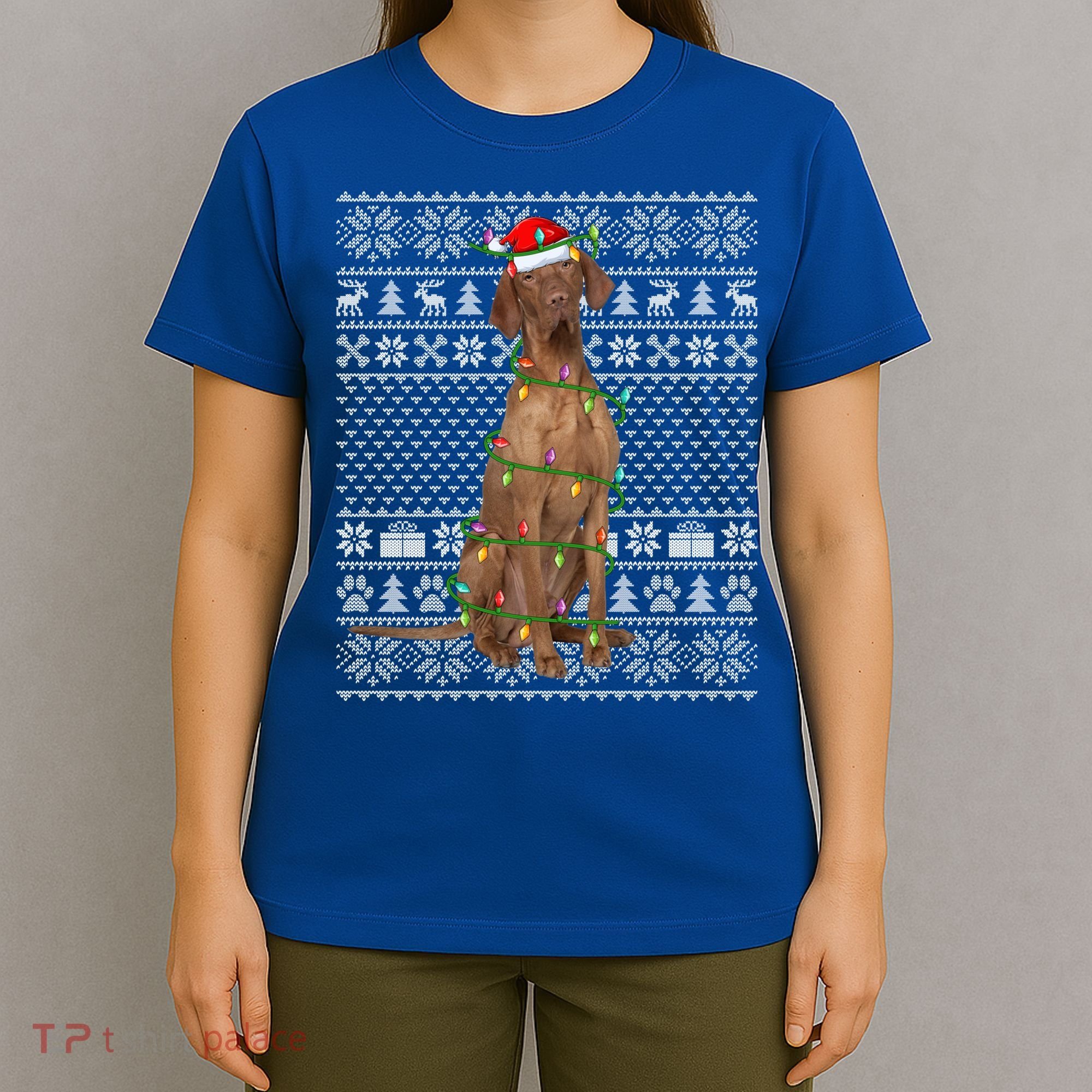 Ugly Sweater Style Xmas Lights Santa Vizsla Dog Christmas Gift T-Shirt
