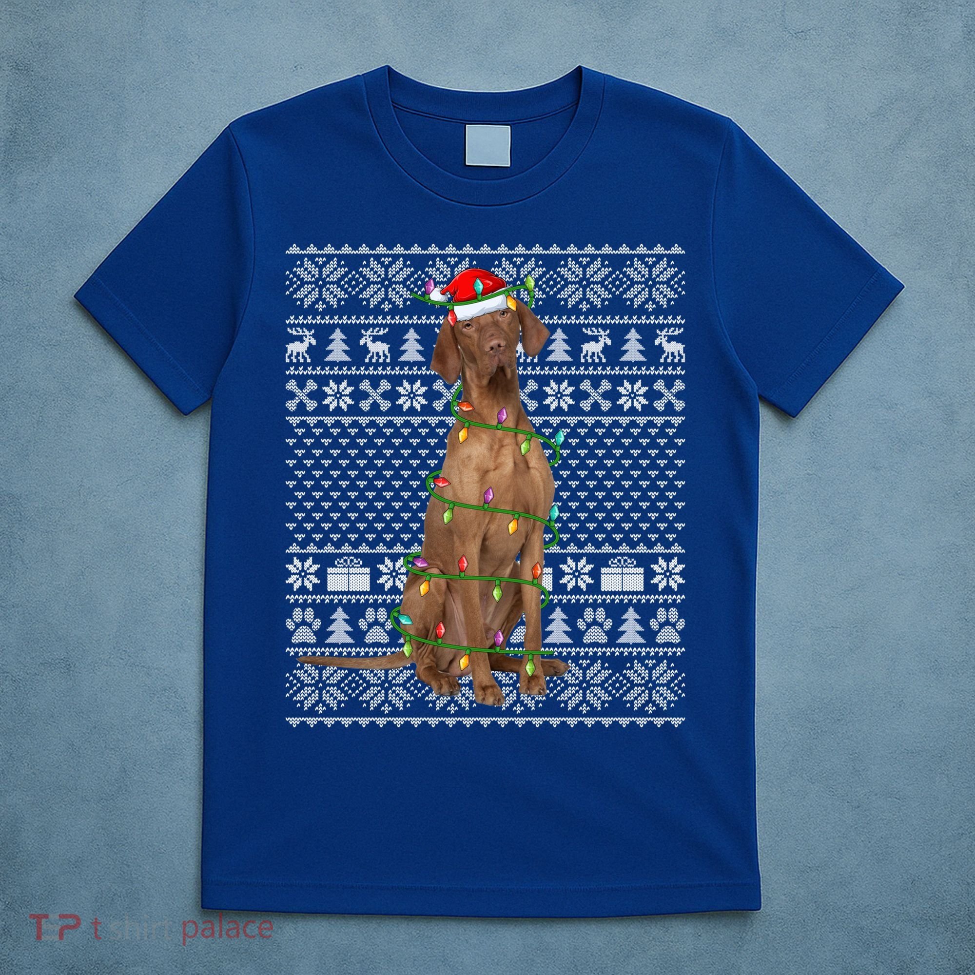 Ugly Sweater Style Xmas Lights Santa Vizsla Dog Christmas Gift T-Shirt