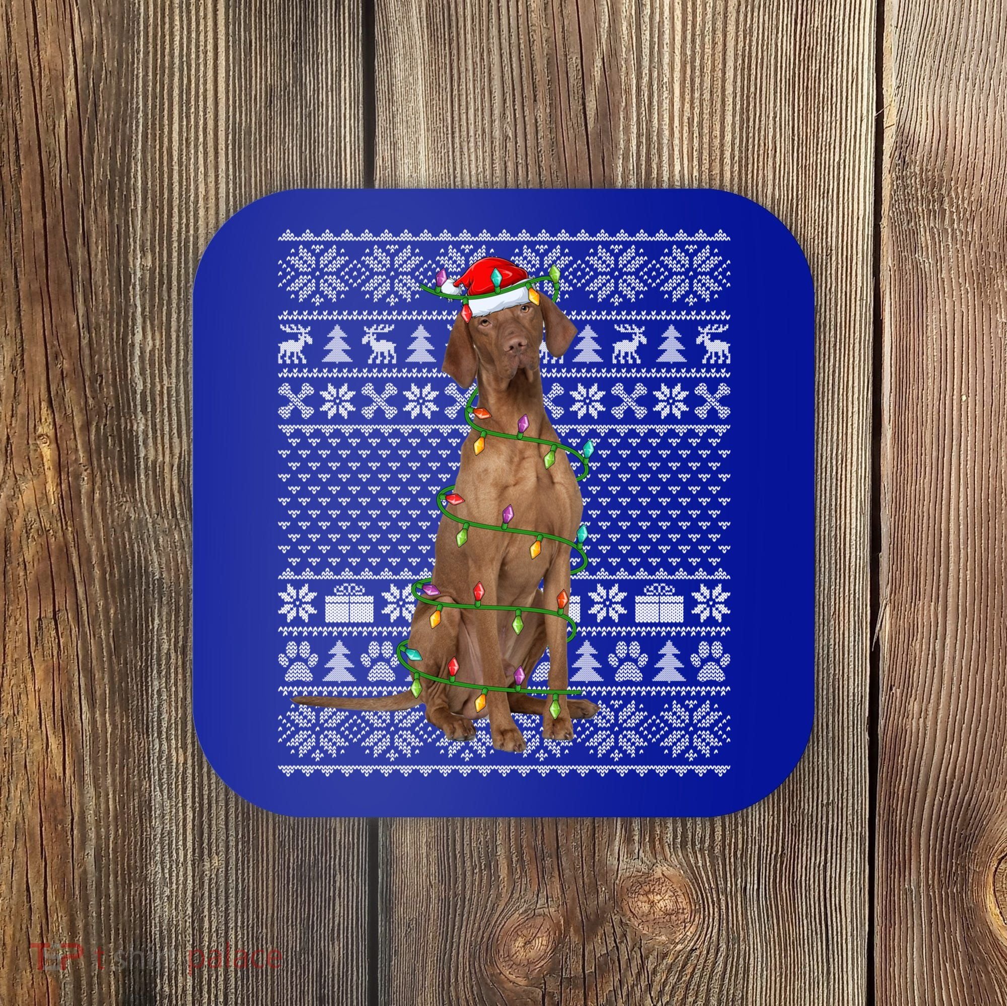 Ugly Sweater Style Xmas Lights Santa Vizsla Dog Christmas Gift Coaster