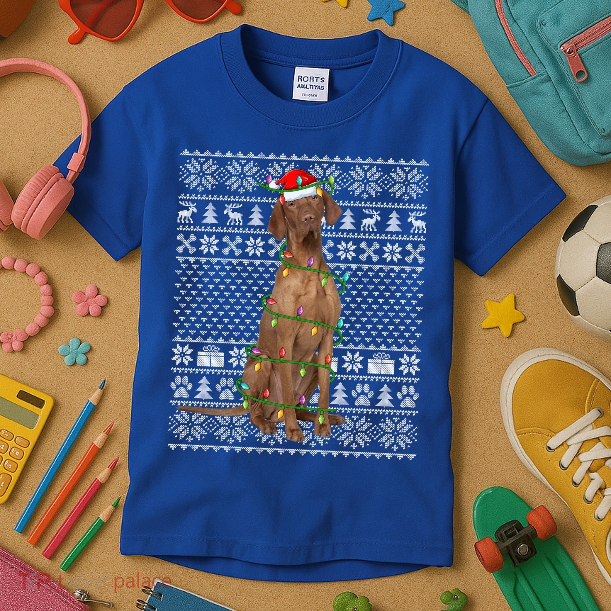 Ugly Sweater Style Xmas Lights Santa Vizsla Dog Christmas Gift Kids T-Shirt