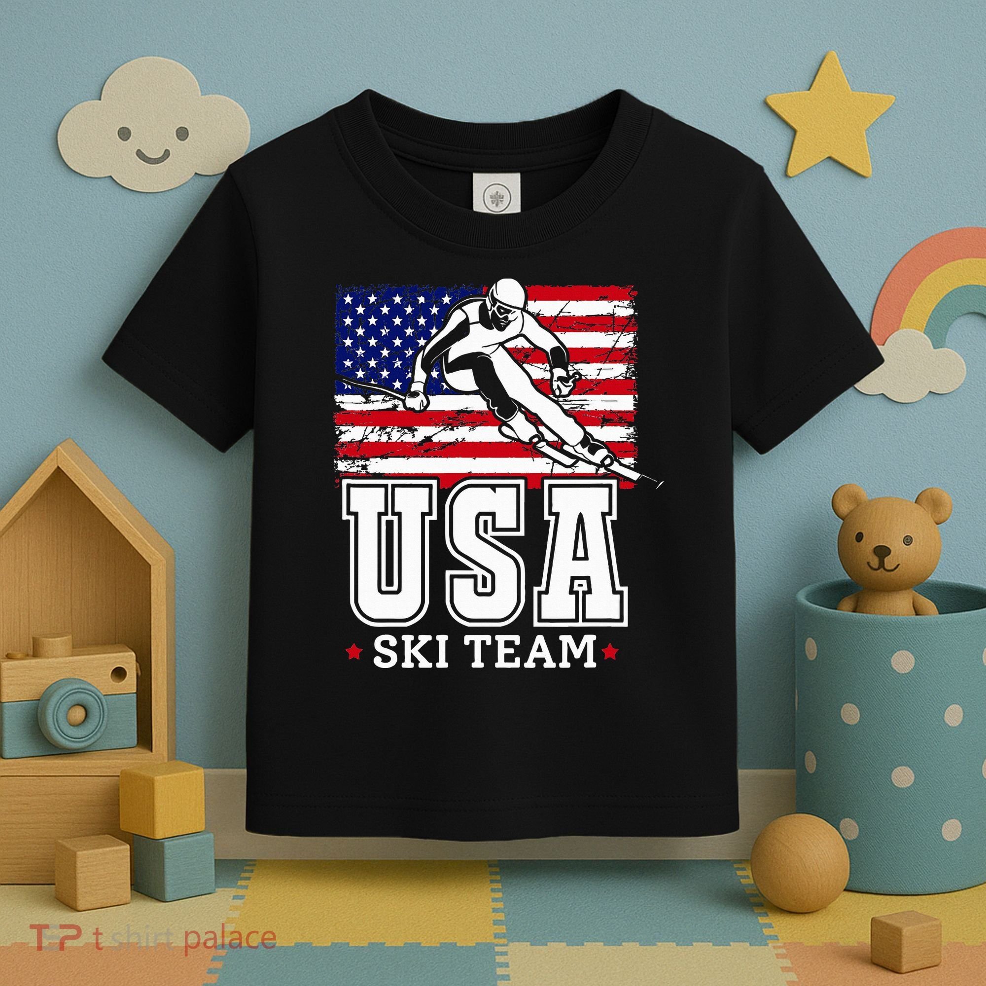 Usa Ski Team American Flag Skiing Skier Toddler T-Shirt